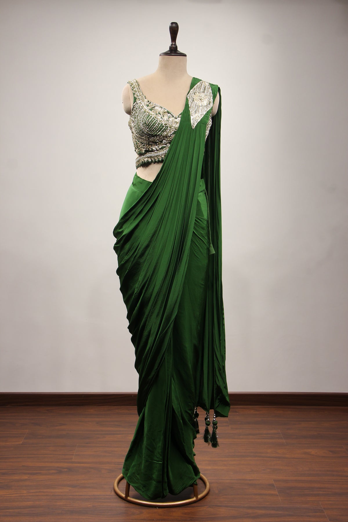 Crepe Drape Saree with Sequin & Cut Dana Handwork Crop Top in Green