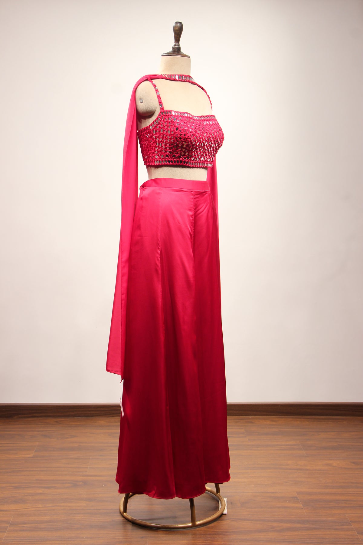 Red Satin Indo Western Crop Top Palazzo with Hand Embroidery & Mirror – other side view