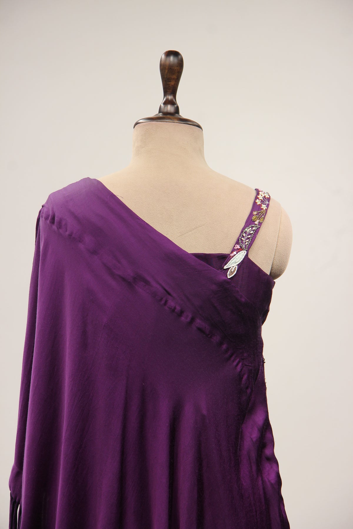 Satin Purple Off-Shoulder Palazzo Set with Zari & Sequin Handwork