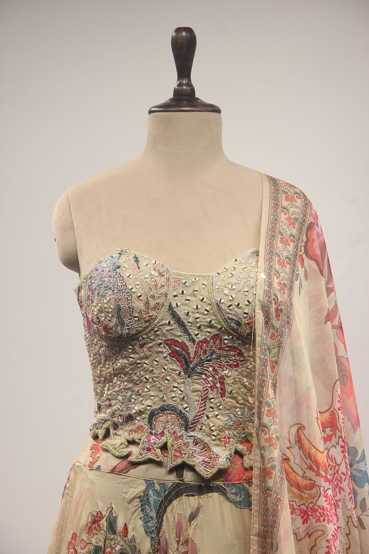 Organza Corset Lehenga with Hand Embroidery & Printed Floral Detail