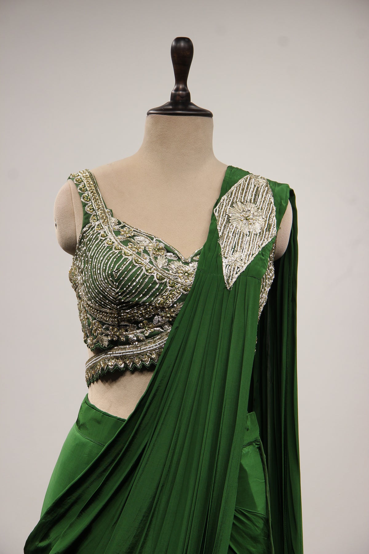 Crepe Drape Saree with Sequin & Cut Dana Handwork Crop Top in Green