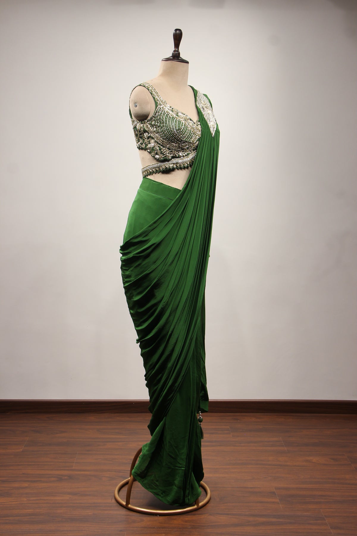 Crepe Drape Saree with Sequin & Cut Dana Handwork Crop Top in Green