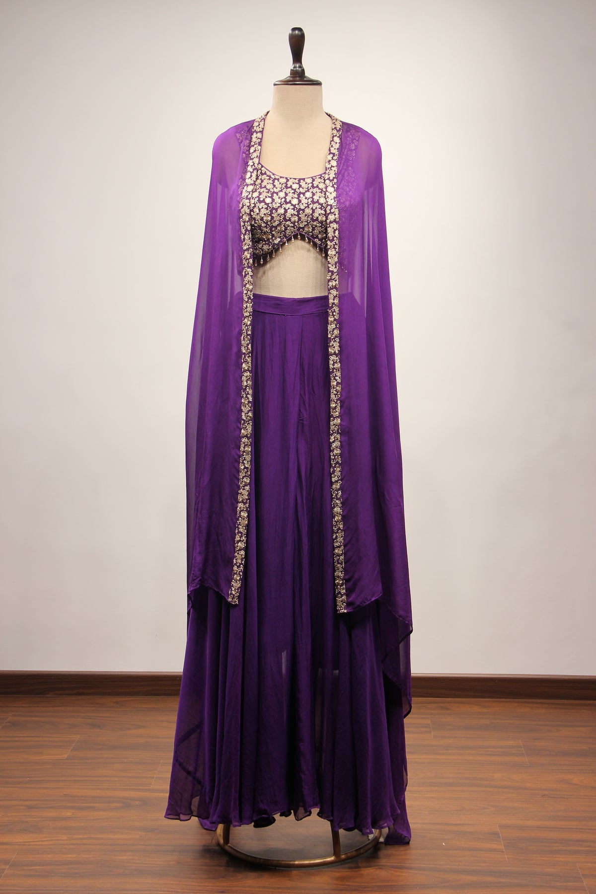Organza Purple Crop Top Palazzo Shrug with Zari & Sequin Handwork
