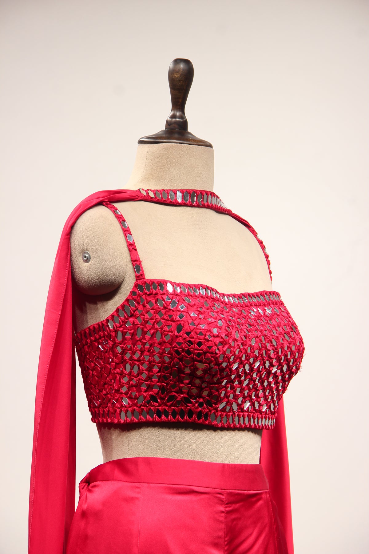 Red Satin Indo Western Crop Top Palazzo with Hand Embroidery & Mirror – other side close-up