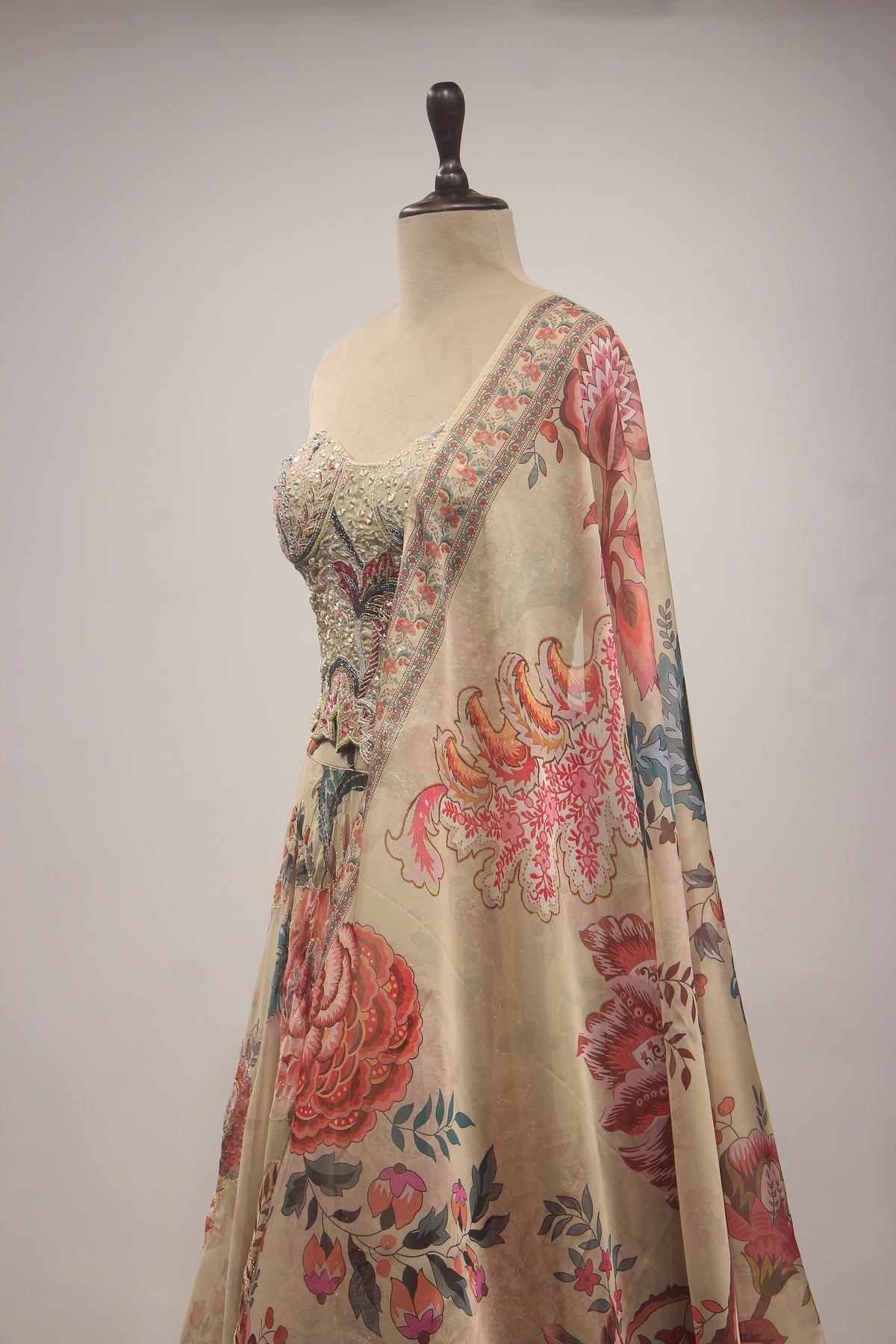 Organza Corset Lehenga with Hand Embroidery & Printed Floral Detail