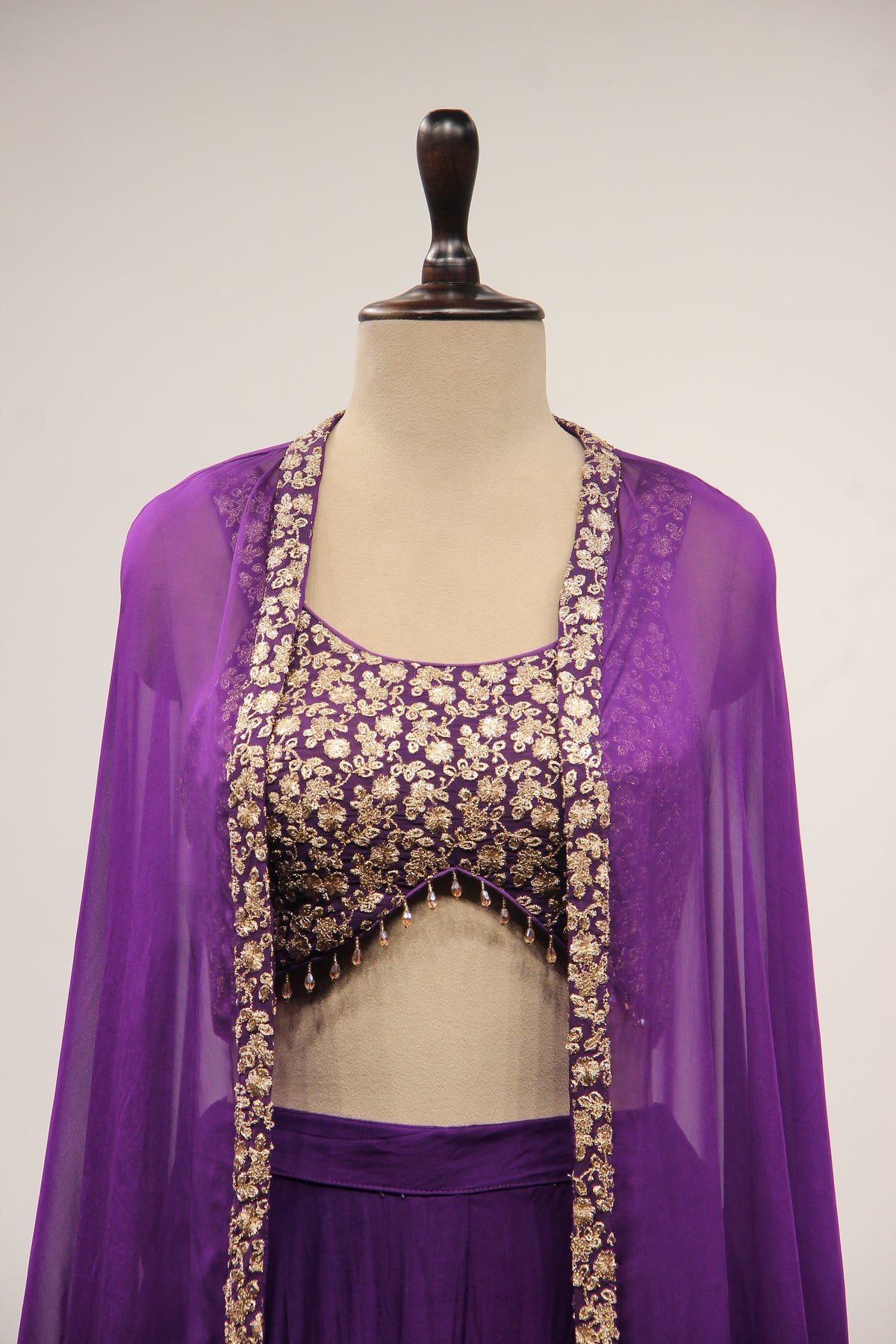 Organza Purple Crop Top Palazzo Shrug with Zari & Sequin Handwork