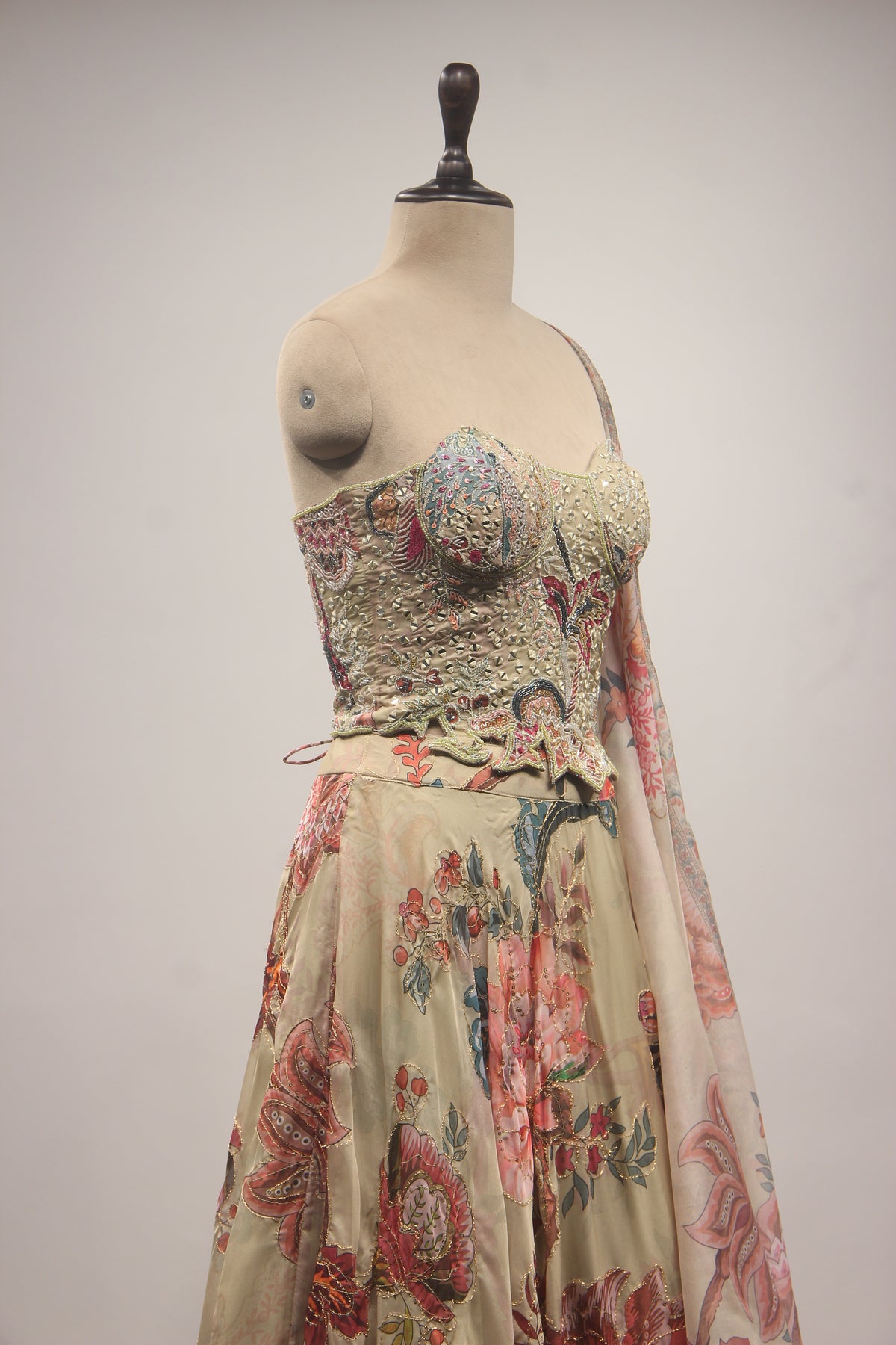 Organza Corset Lehenga with Hand Embroidery & Printed Floral Detail