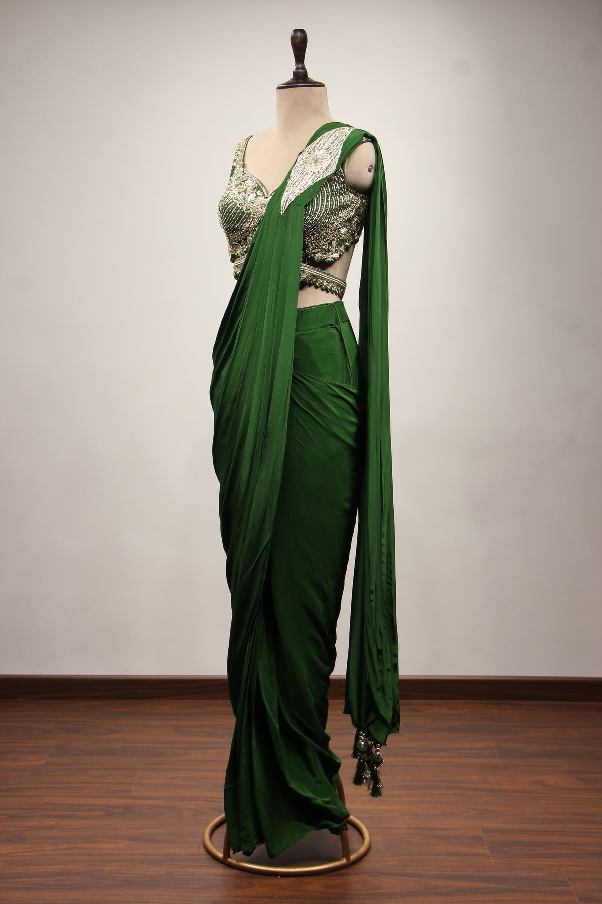 Crepe Drape Saree with Sequin & Cut Dana Handwork Crop Top in Green