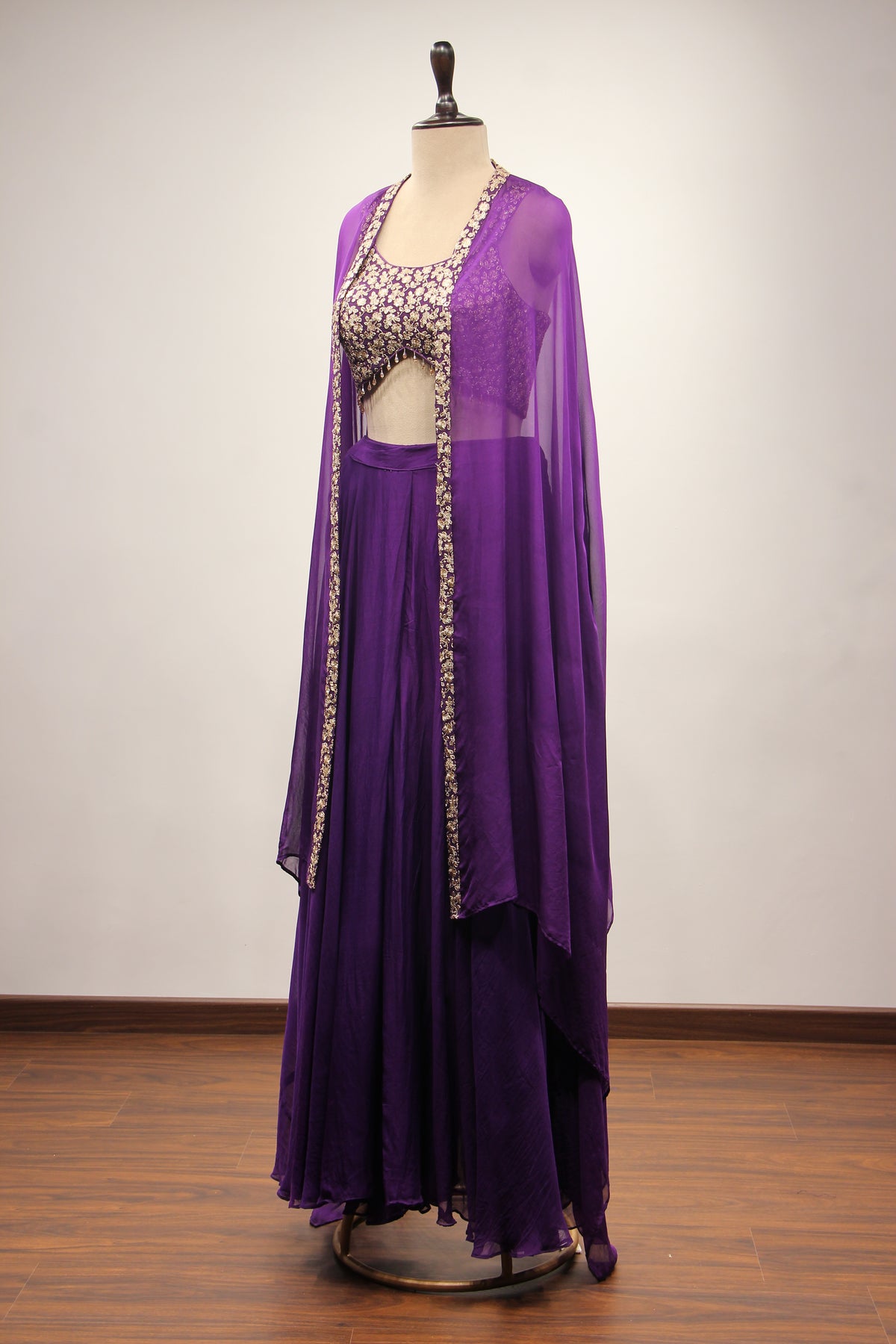 Organza Purple Crop Top Palazzo Shrug with Zari & Sequin Handwork