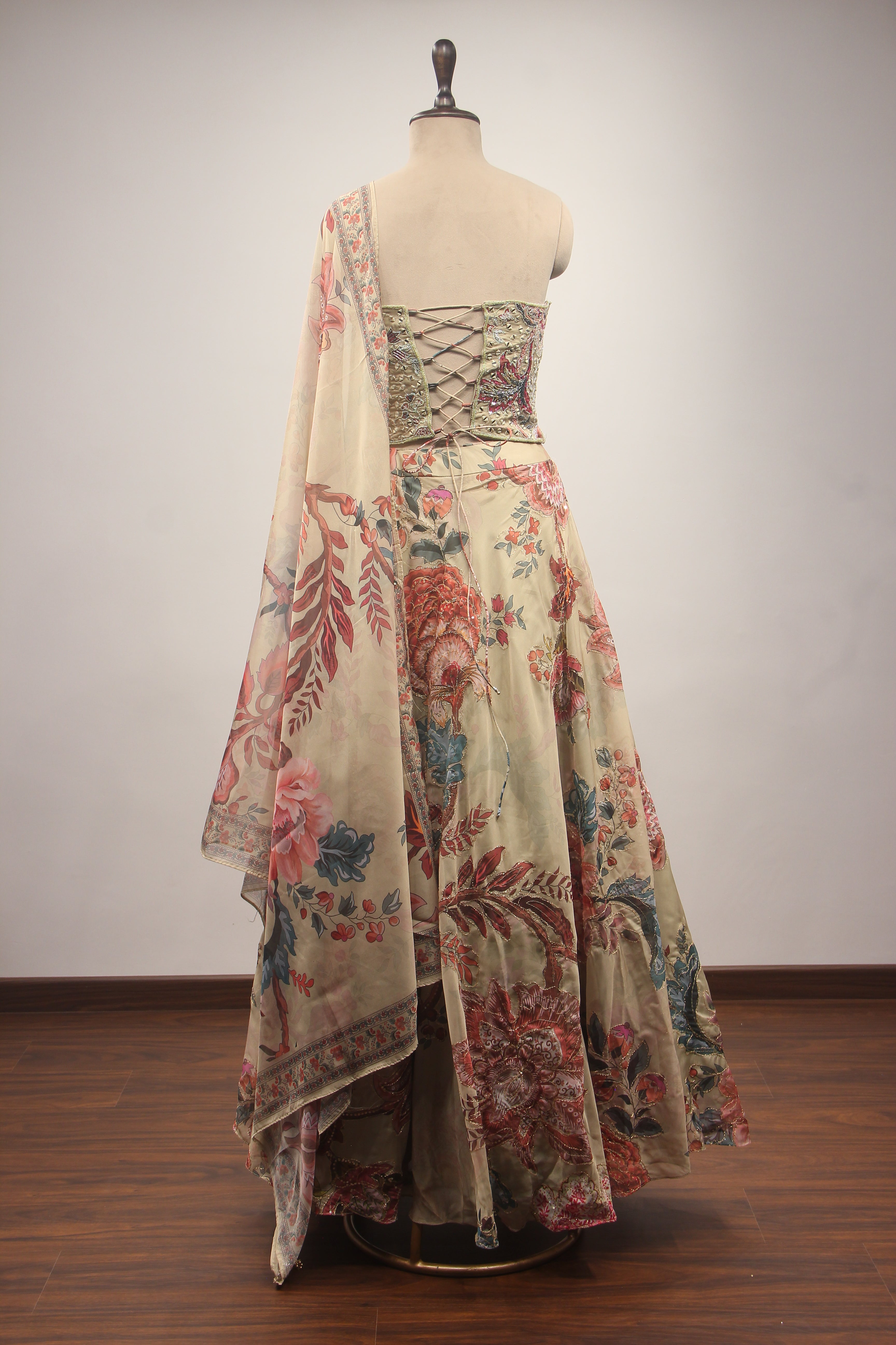 Organza Corset Lehenga with Hand Embroidery & Printed Floral Detail