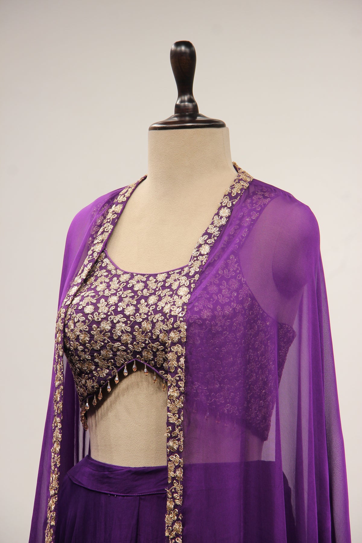Organza Purple Crop Top Palazzo Shrug with Zari & Sequin Handwork