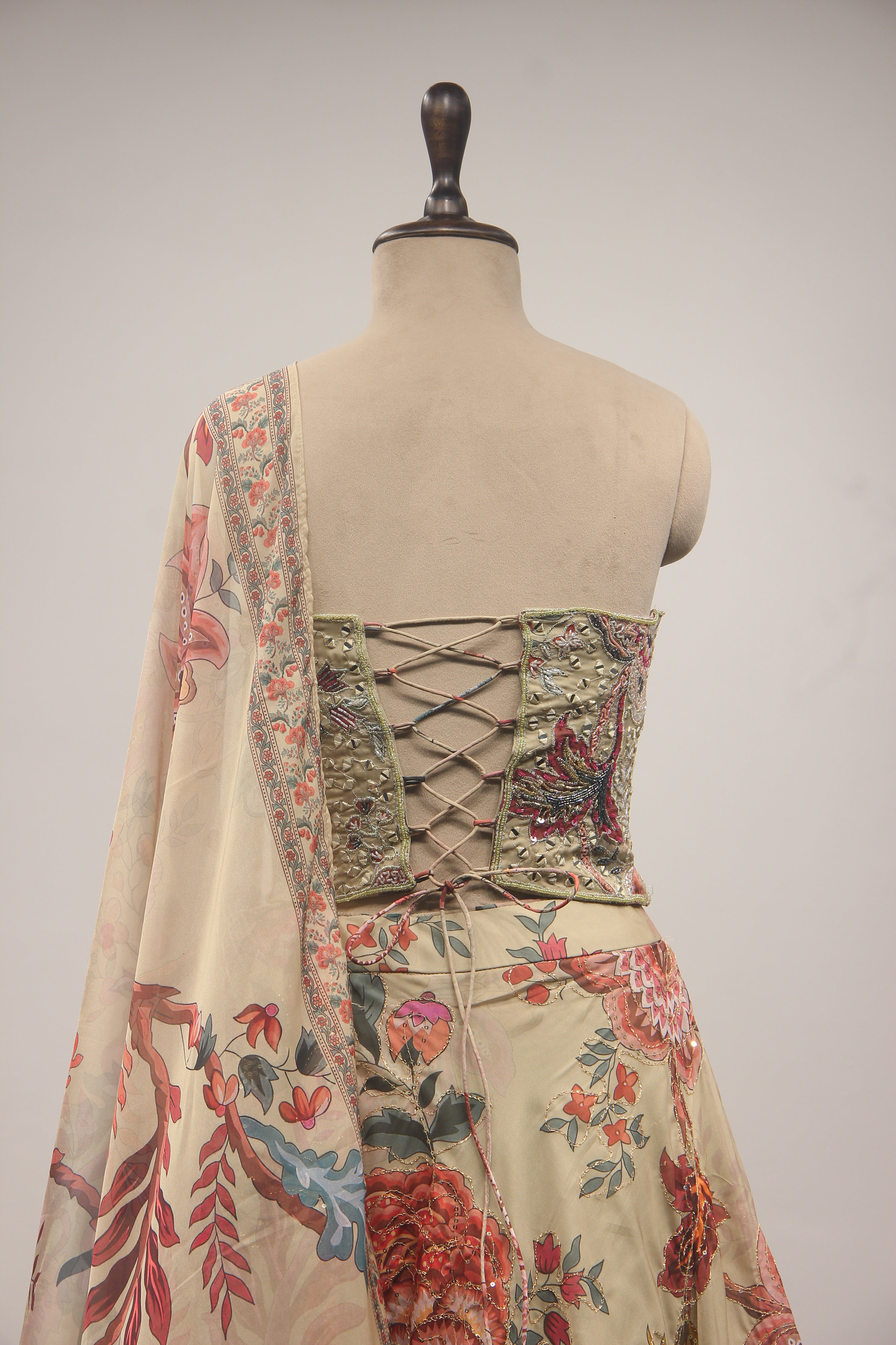 Organza Corset Lehenga with Hand Embroidery & Printed Floral Detail
