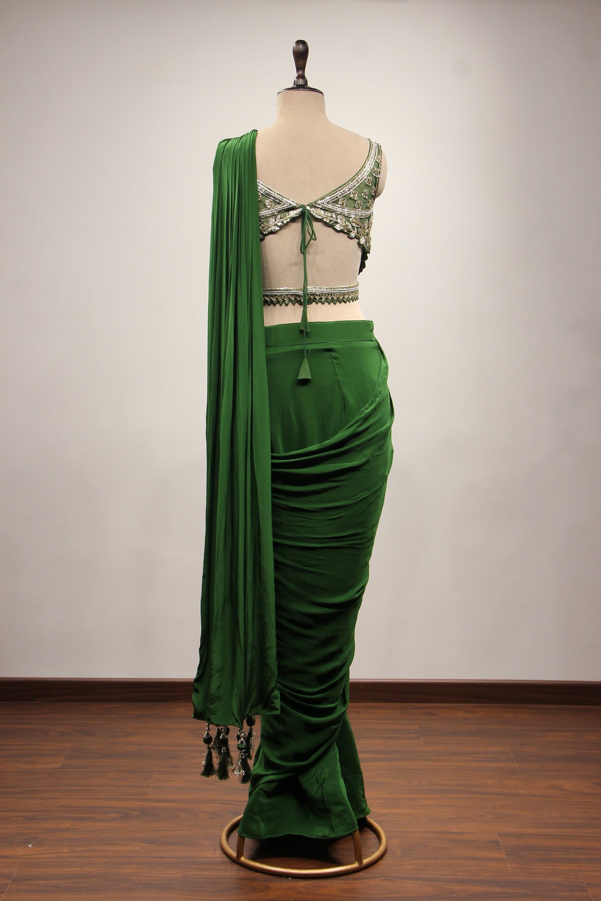 Crepe Drape Saree with Sequin & Cut Dana Handwork Crop Top in Green