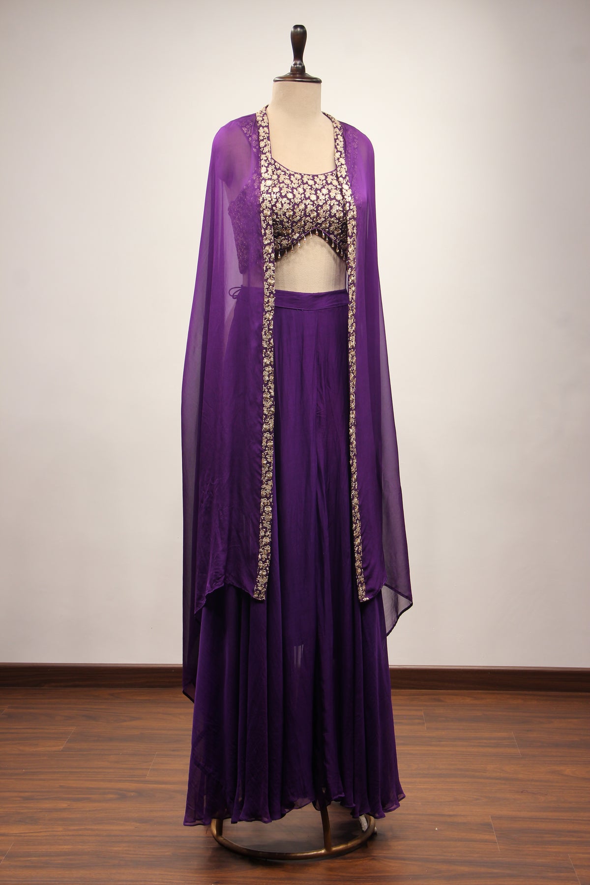 Organza Purple Crop Top Palazzo Shrug with Zari & Sequin Handwork