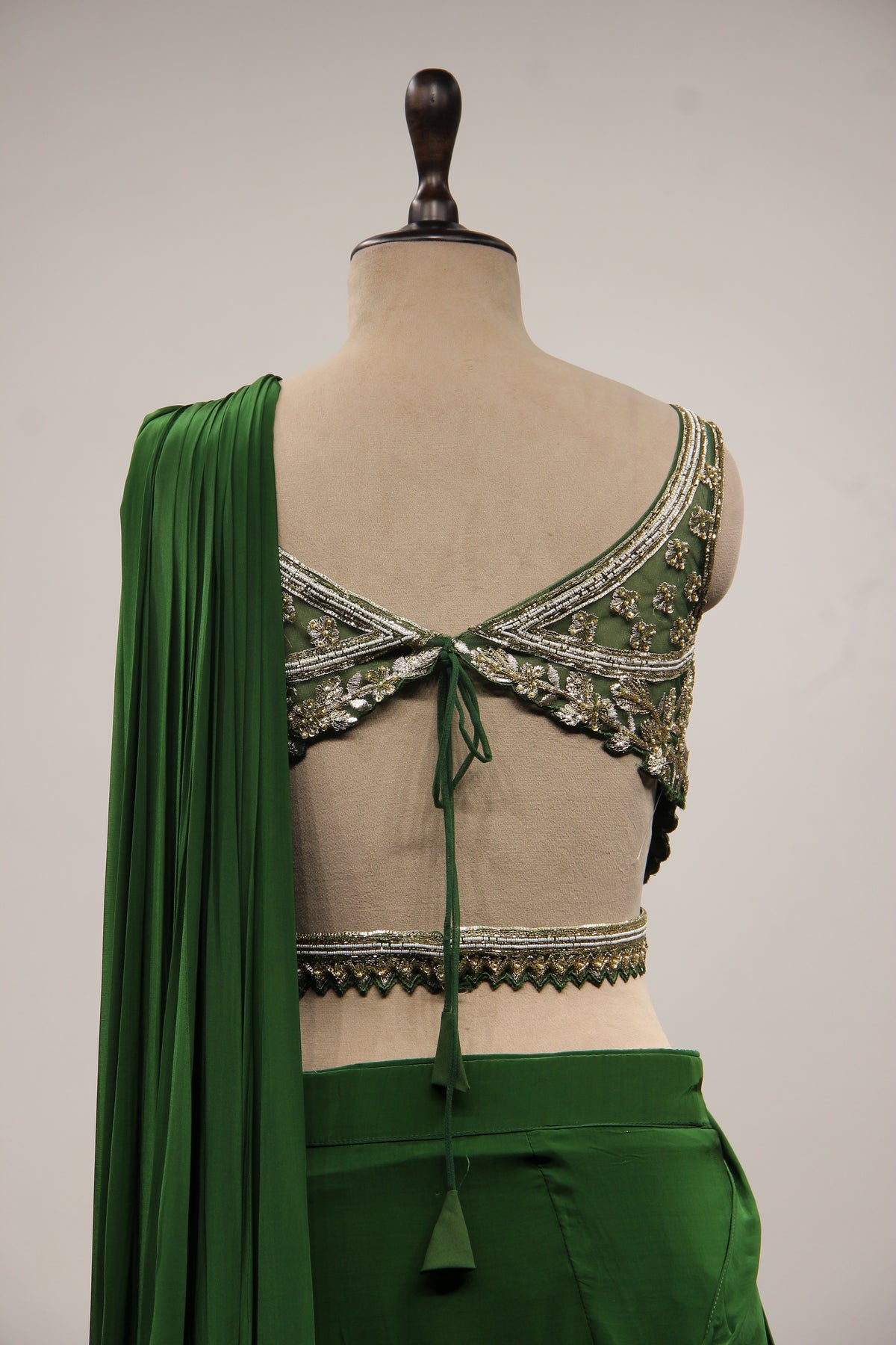 Crepe Drape Saree with Sequin & Cut Dana Handwork Crop Top in Green