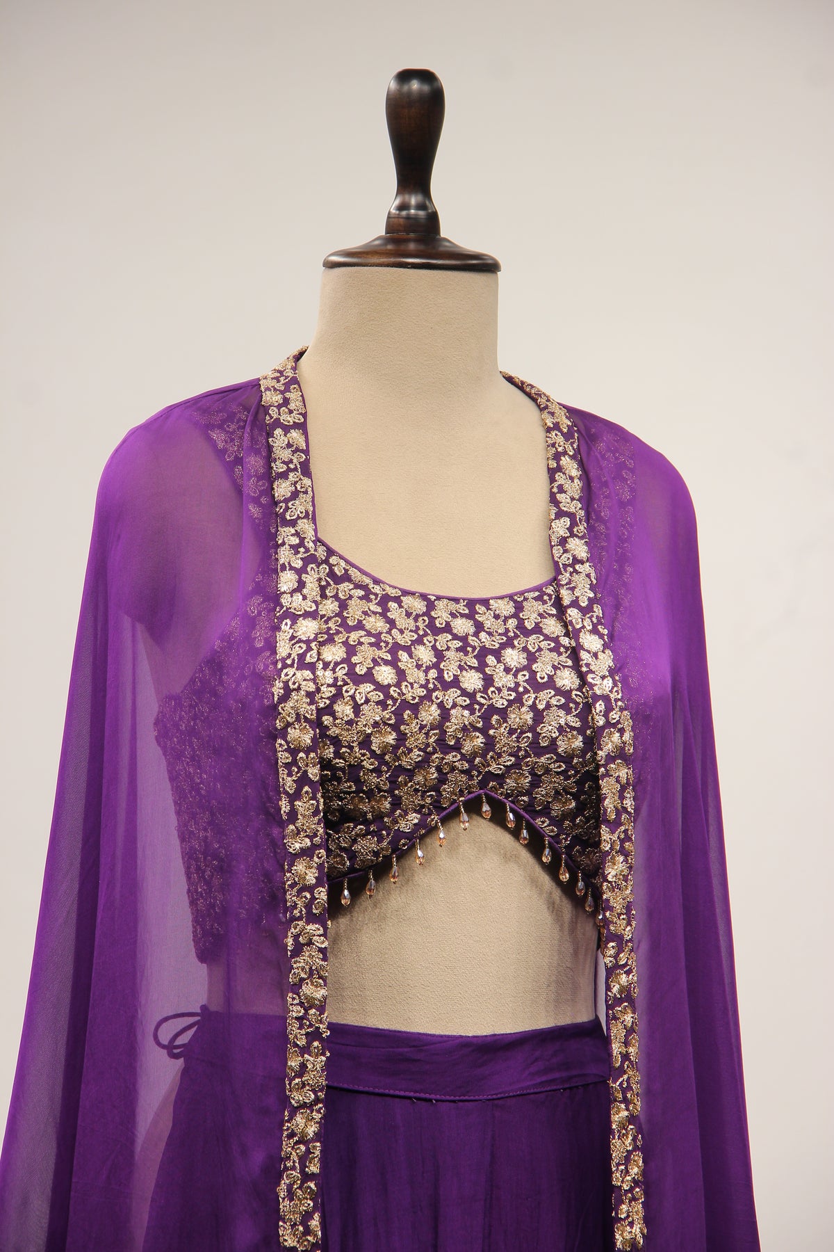 Organza Purple Crop Top Palazzo Shrug with Zari & Sequin Handwork