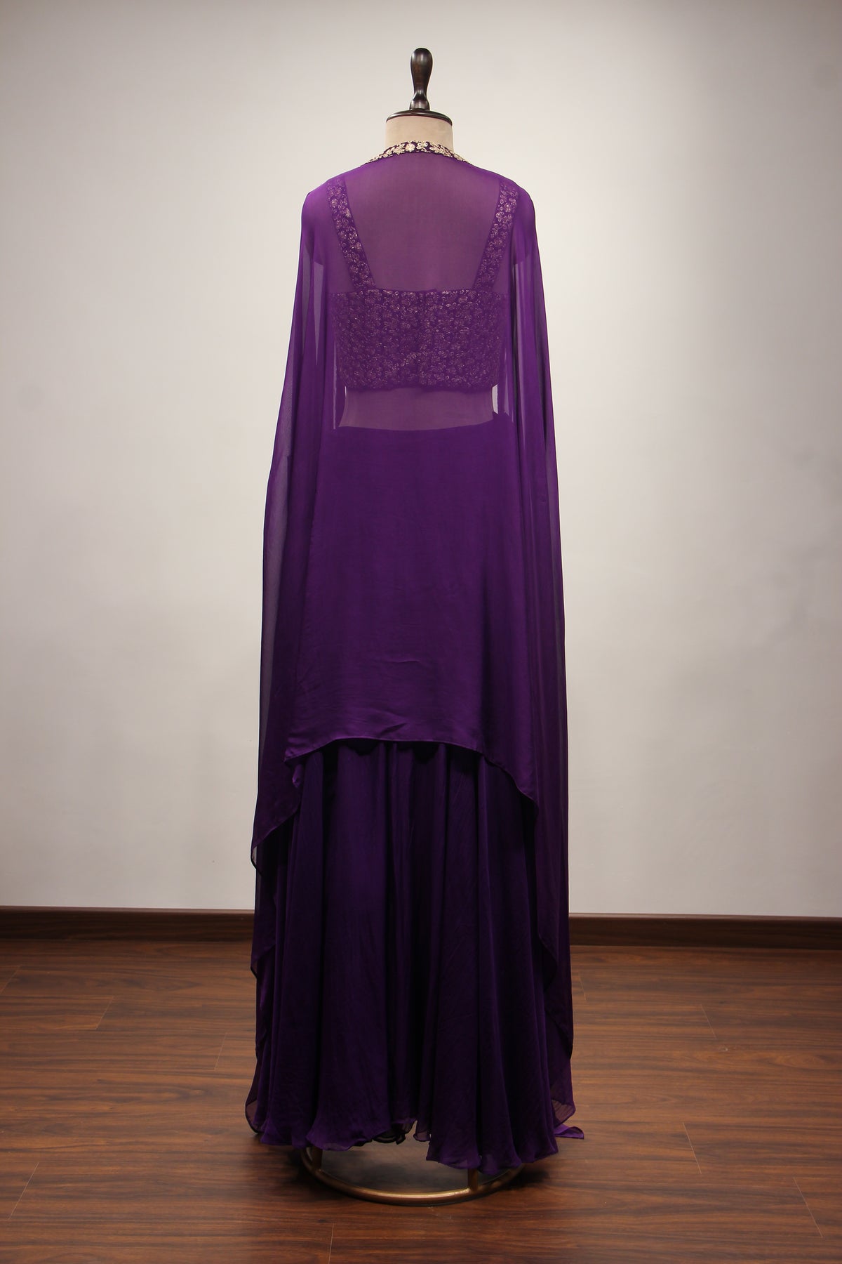 Organza Purple Crop Top Palazzo Shrug with Zari & Sequin Handwork