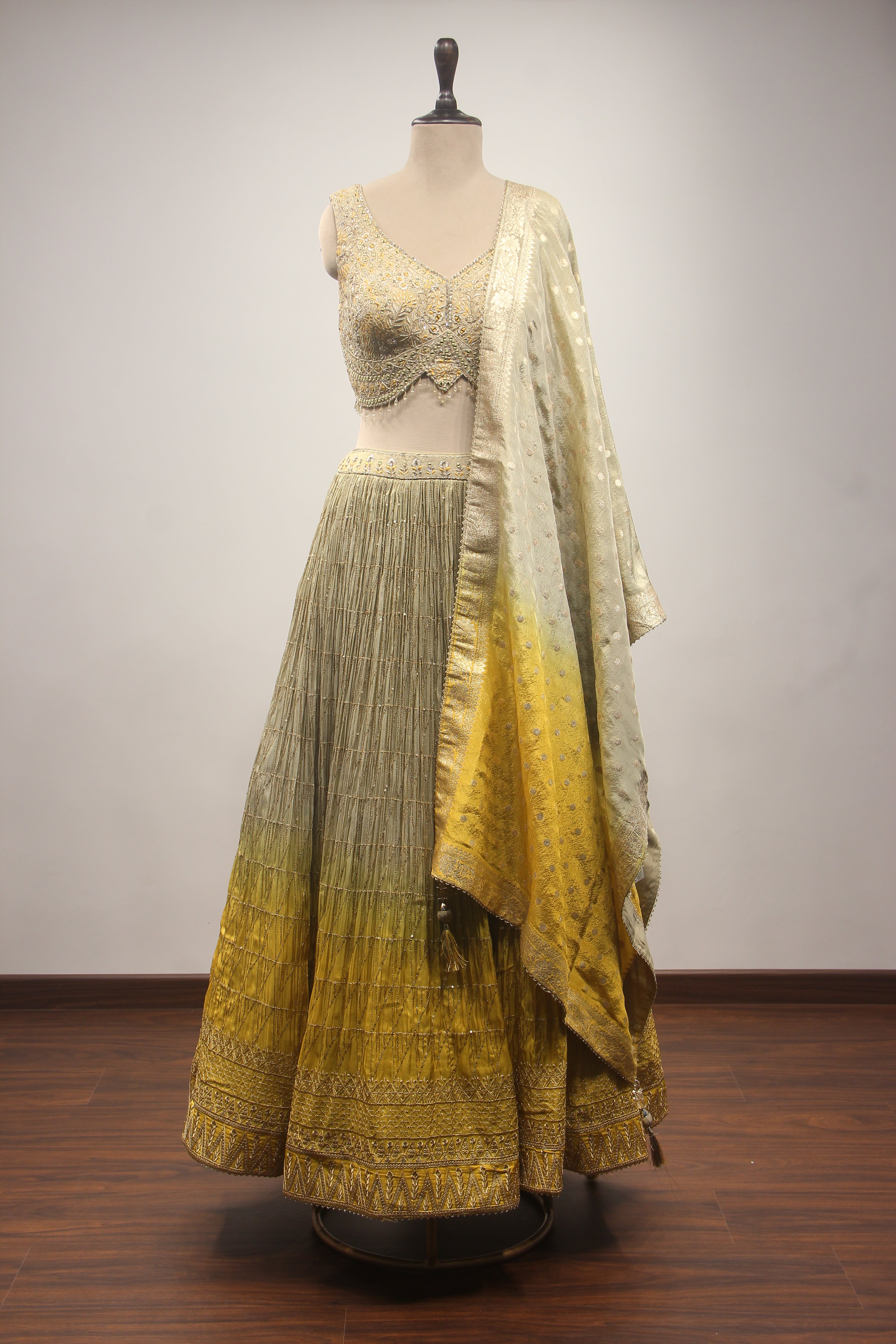 Tissue Ombre Lehenga with Hand Embroidery & Resham Handwork Crop Top