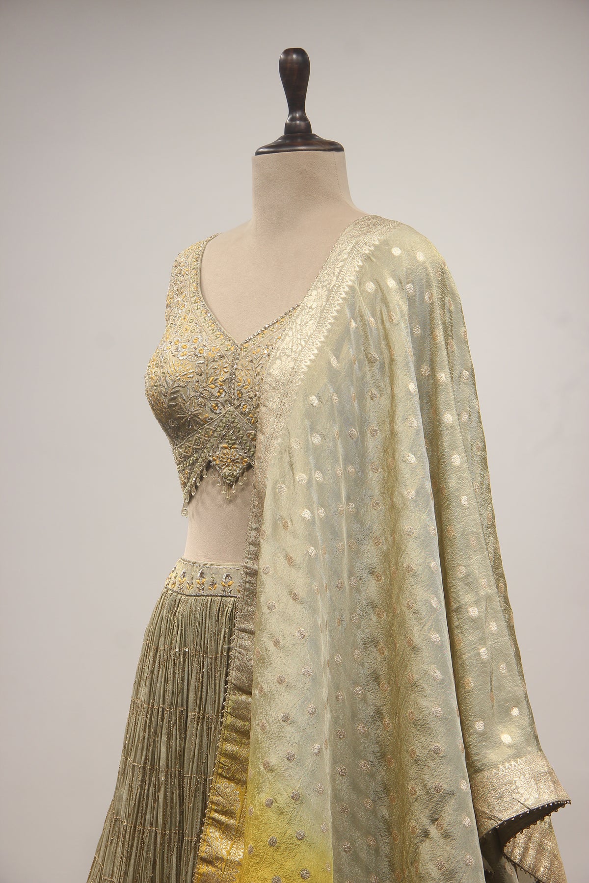 Tissue Ombre Lehenga with Hand Embroidery & Resham Handwork Crop Top