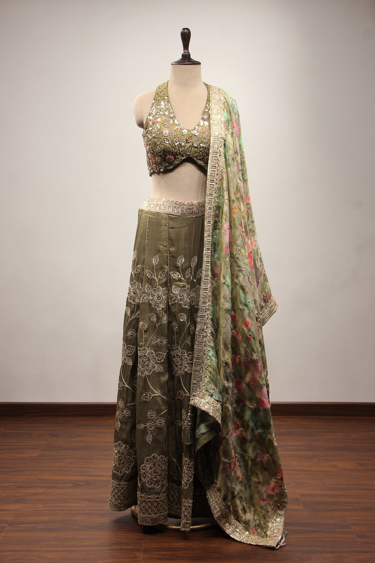 Tissue Dusty Green Indo Western Palazzo with Bead & Sequin Handwork