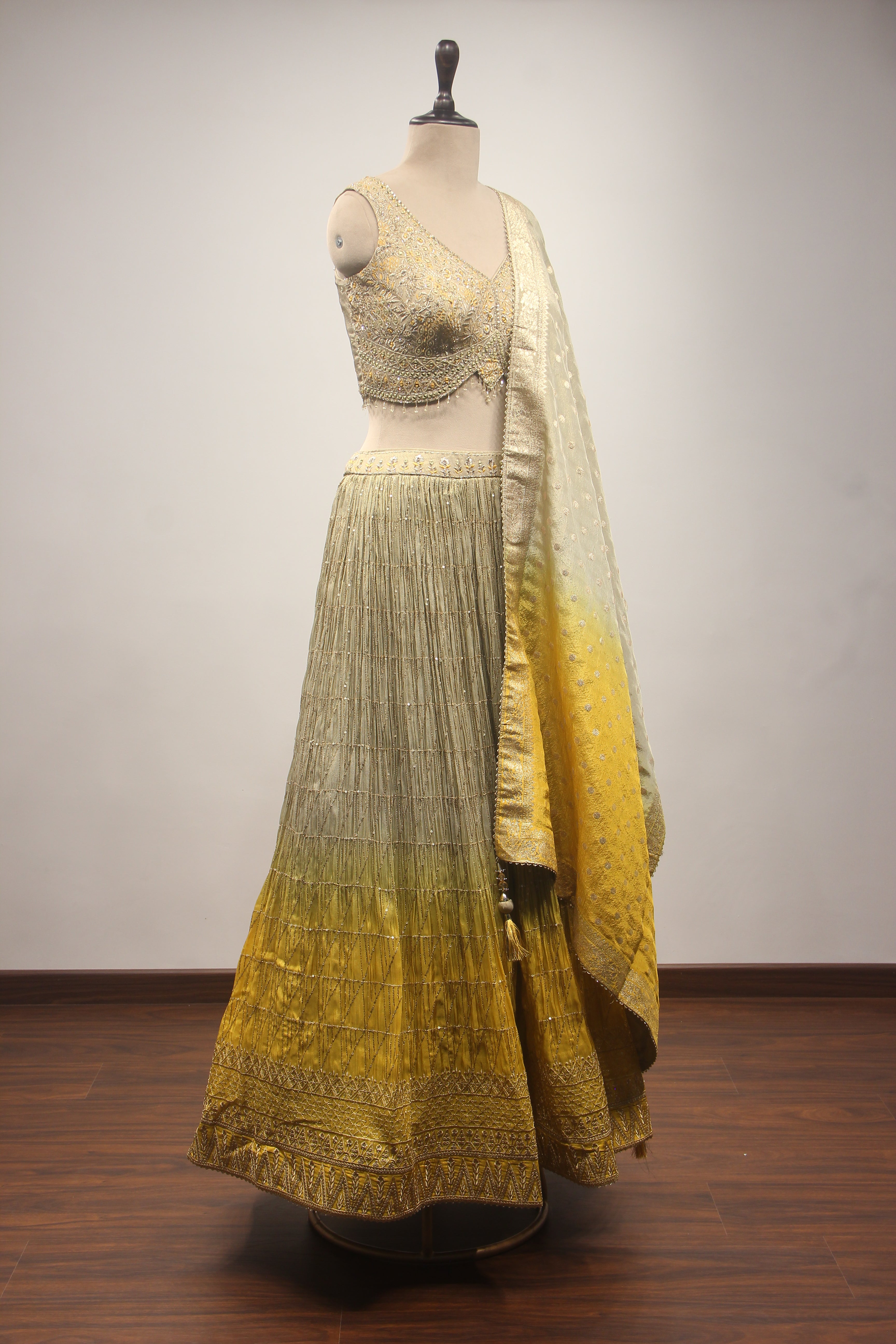 Tissue Ombre Lehenga with Hand Embroidery & Resham Handwork Crop Top