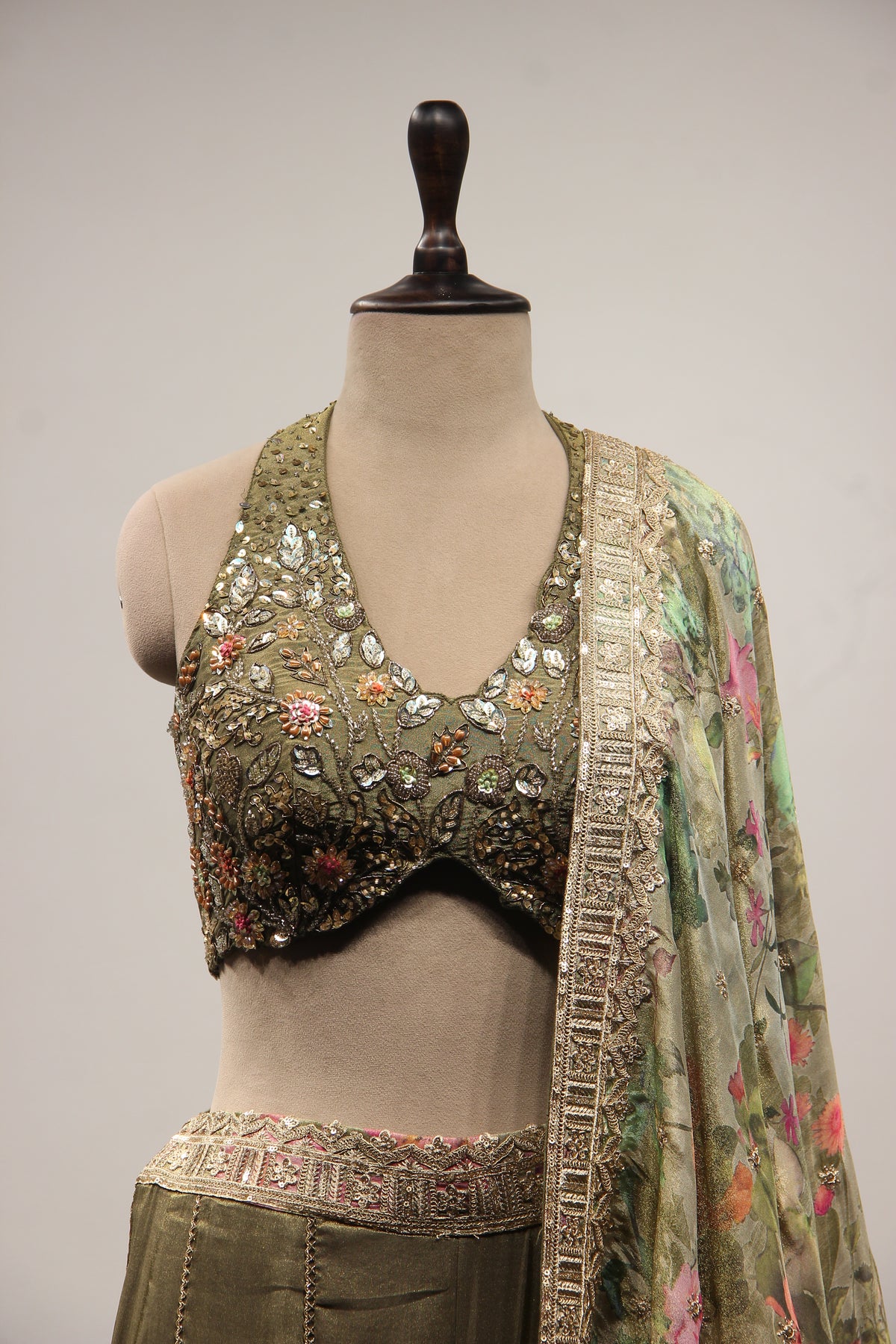 Tissue Dusty Green Indo Western Palazzo with Bead & Sequin Handwork