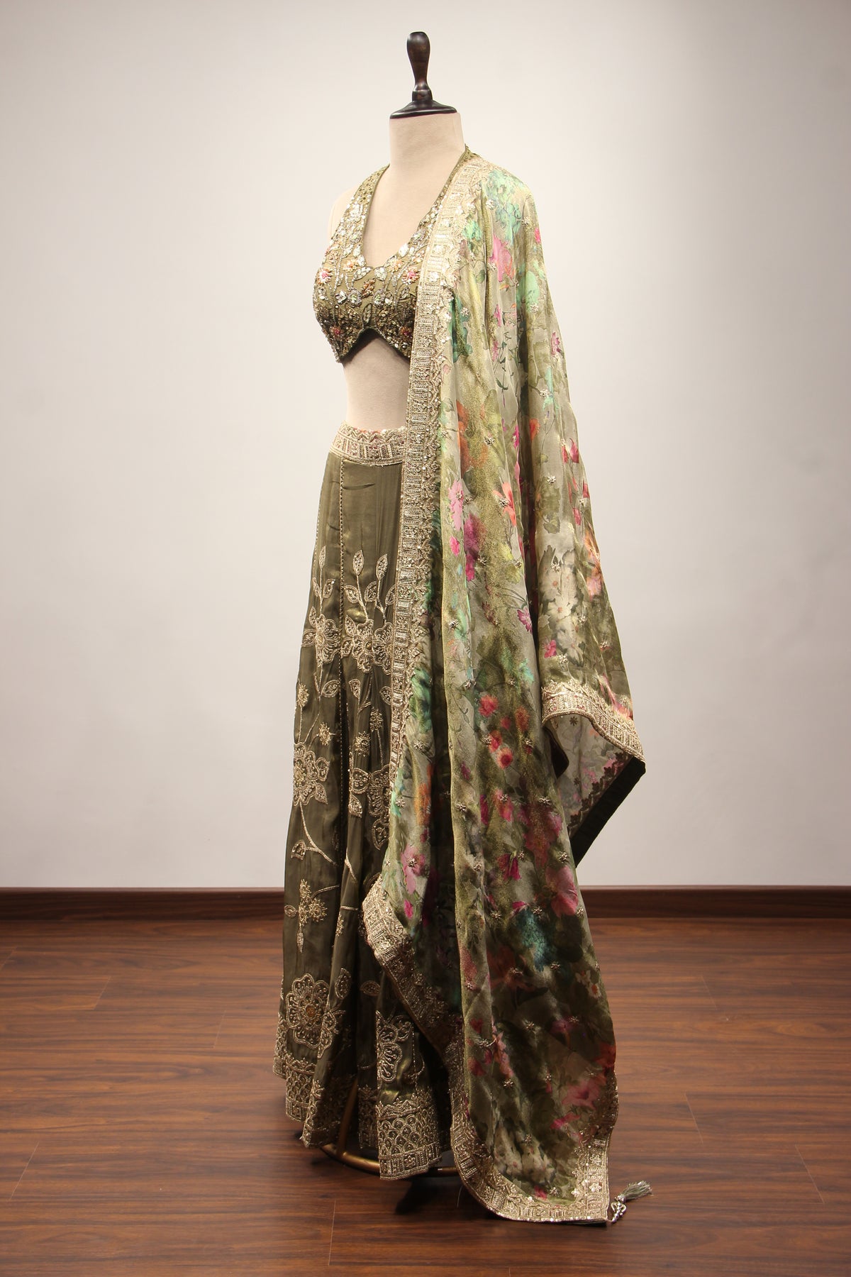 Tissue Dusty Green Indo Western Palazzo with Bead & Sequin Handwork