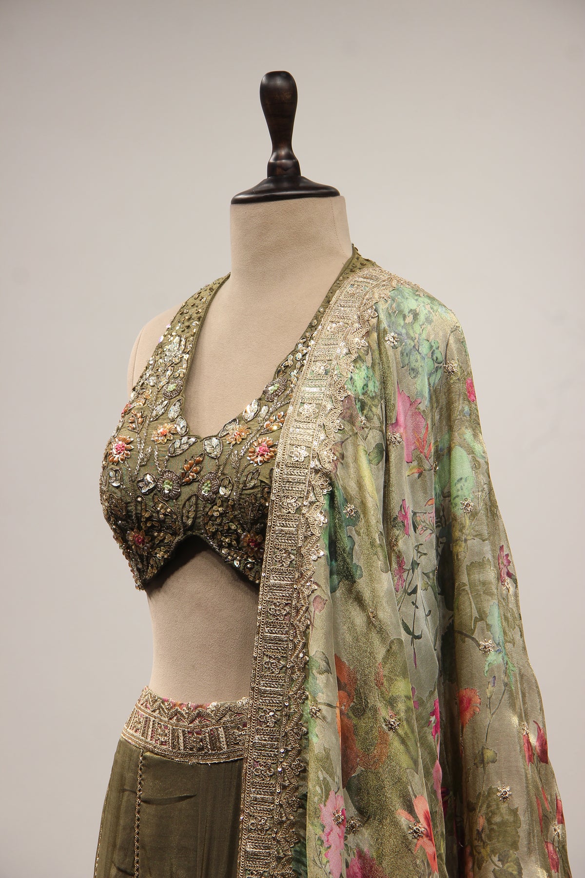 Tissue Dusty Green Indo Western Palazzo with Bead & Sequin Handwork