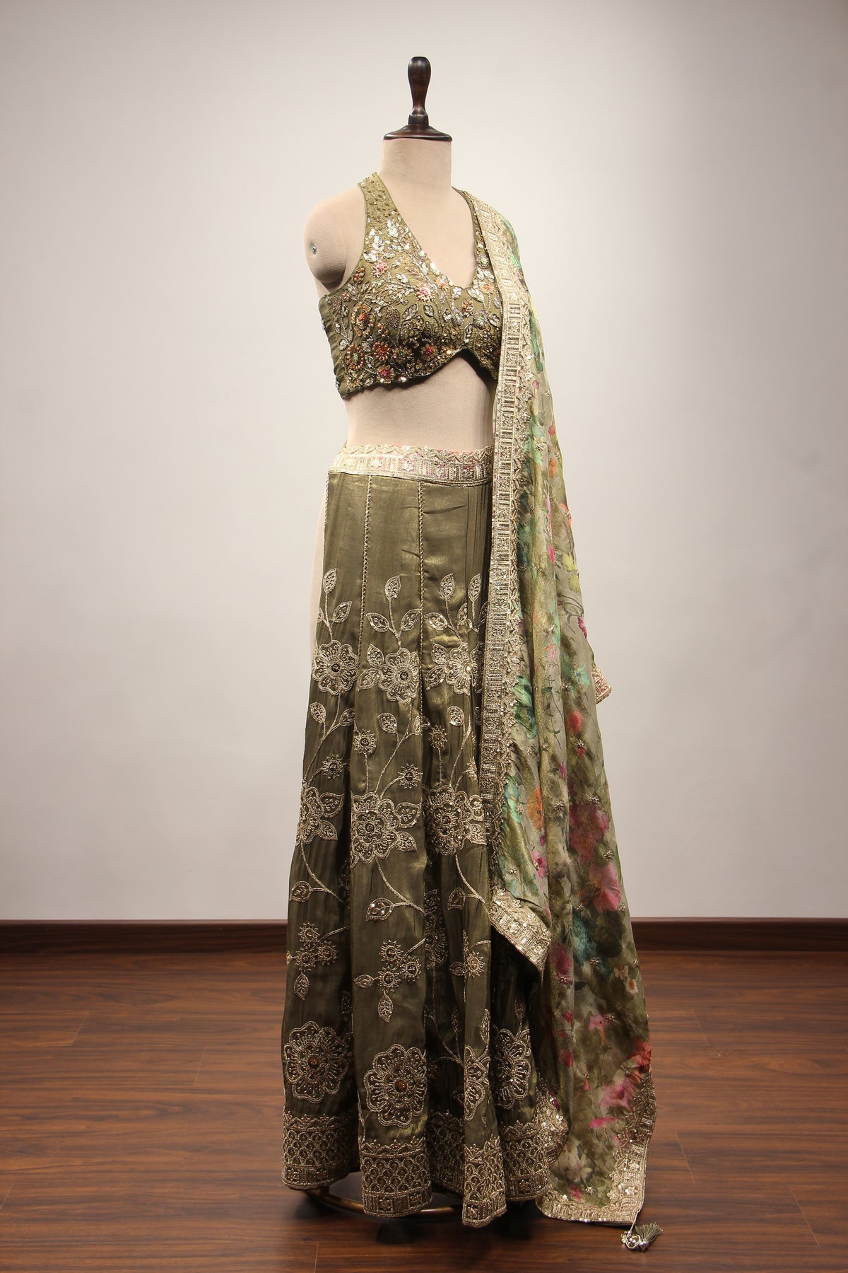 Tissue Dusty Green Indo Western Palazzo with Bead & Sequin Handwork