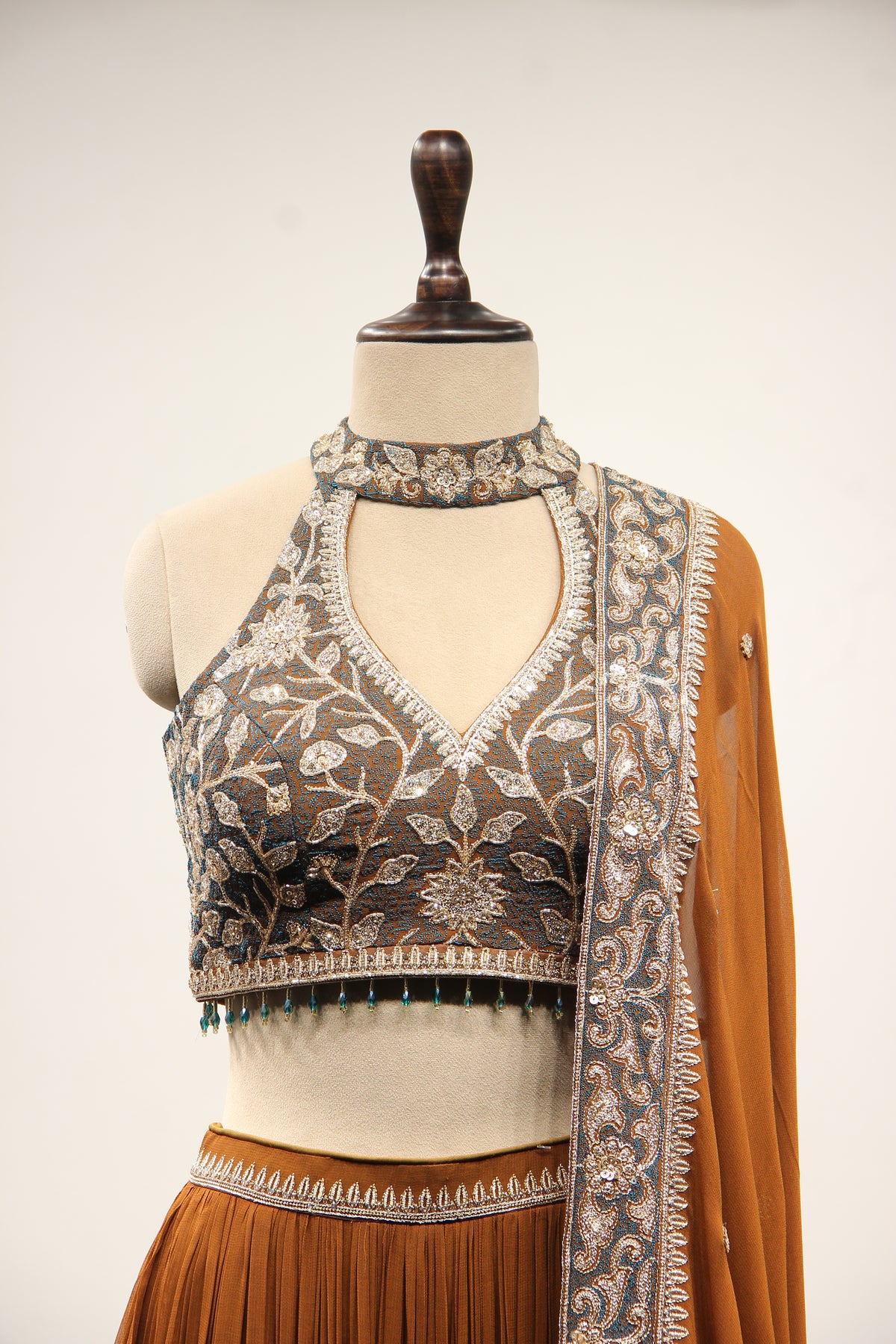 Brown Georgette Halter Neck Lehenga with Hand Embroidery & Resham – front close-up