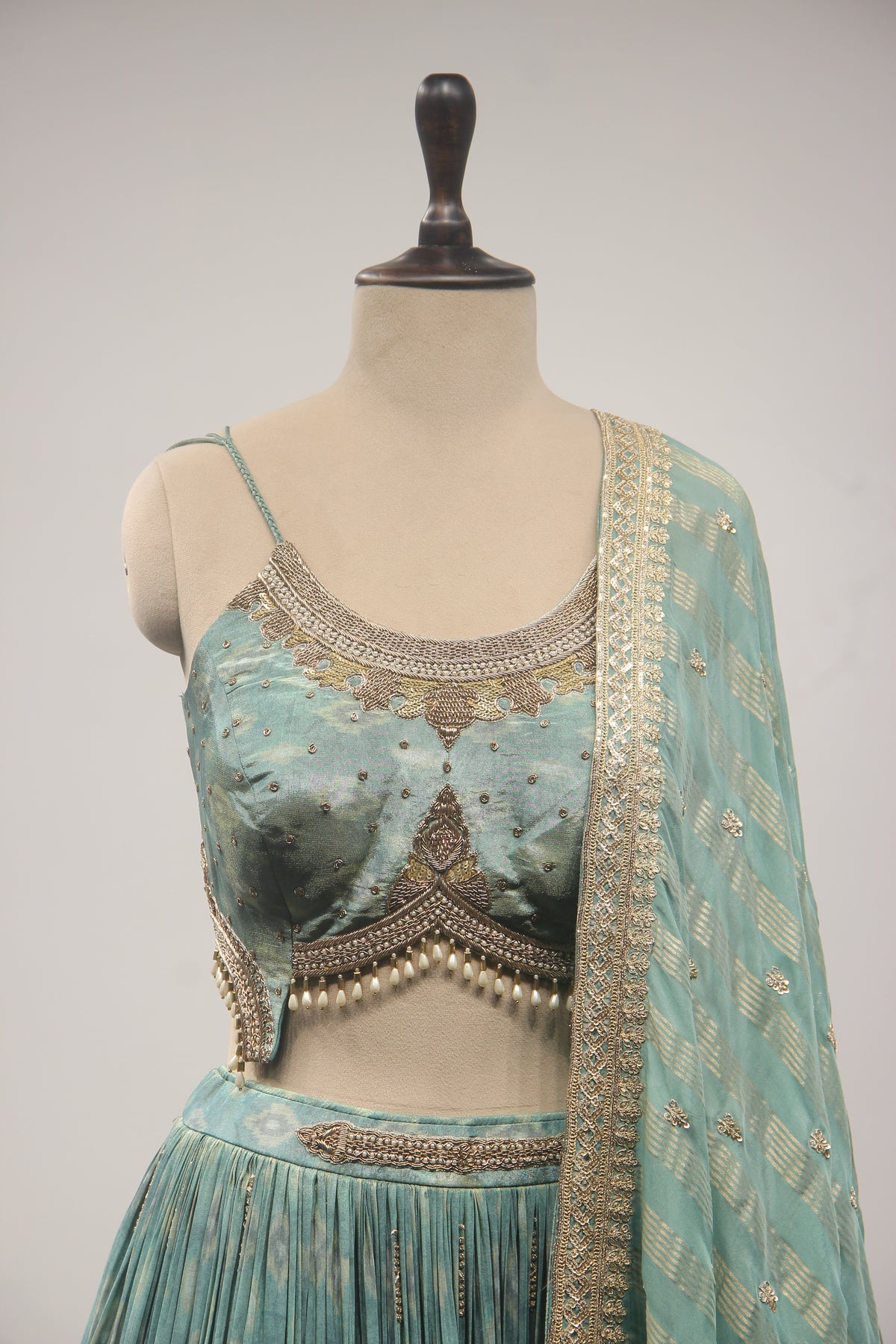 Sea Green Tissue Lehenga with Zardozi, Zari & Sequin Embroidery