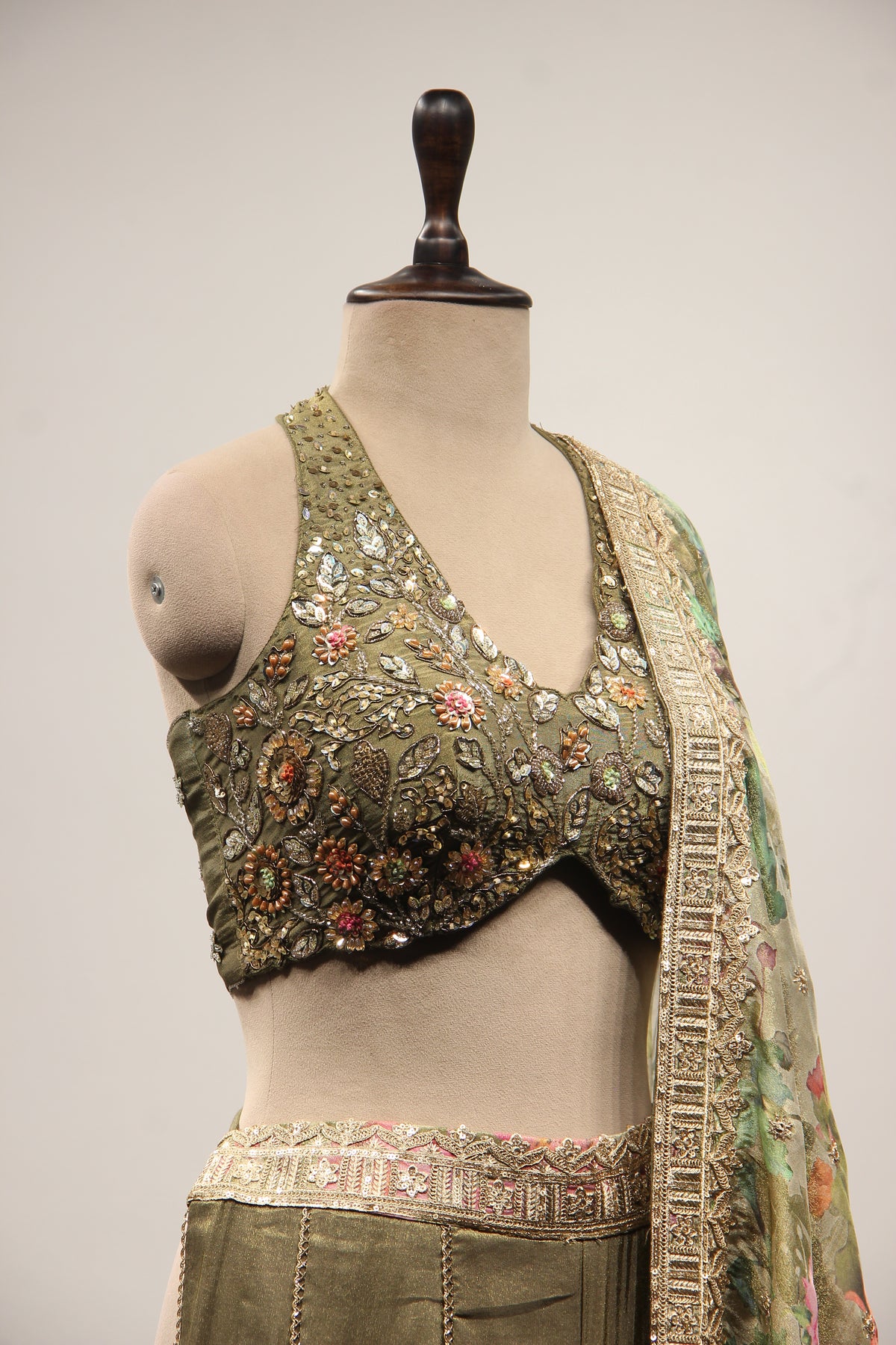 Tissue Dusty Green Indo Western Palazzo with Bead & Sequin Handwork