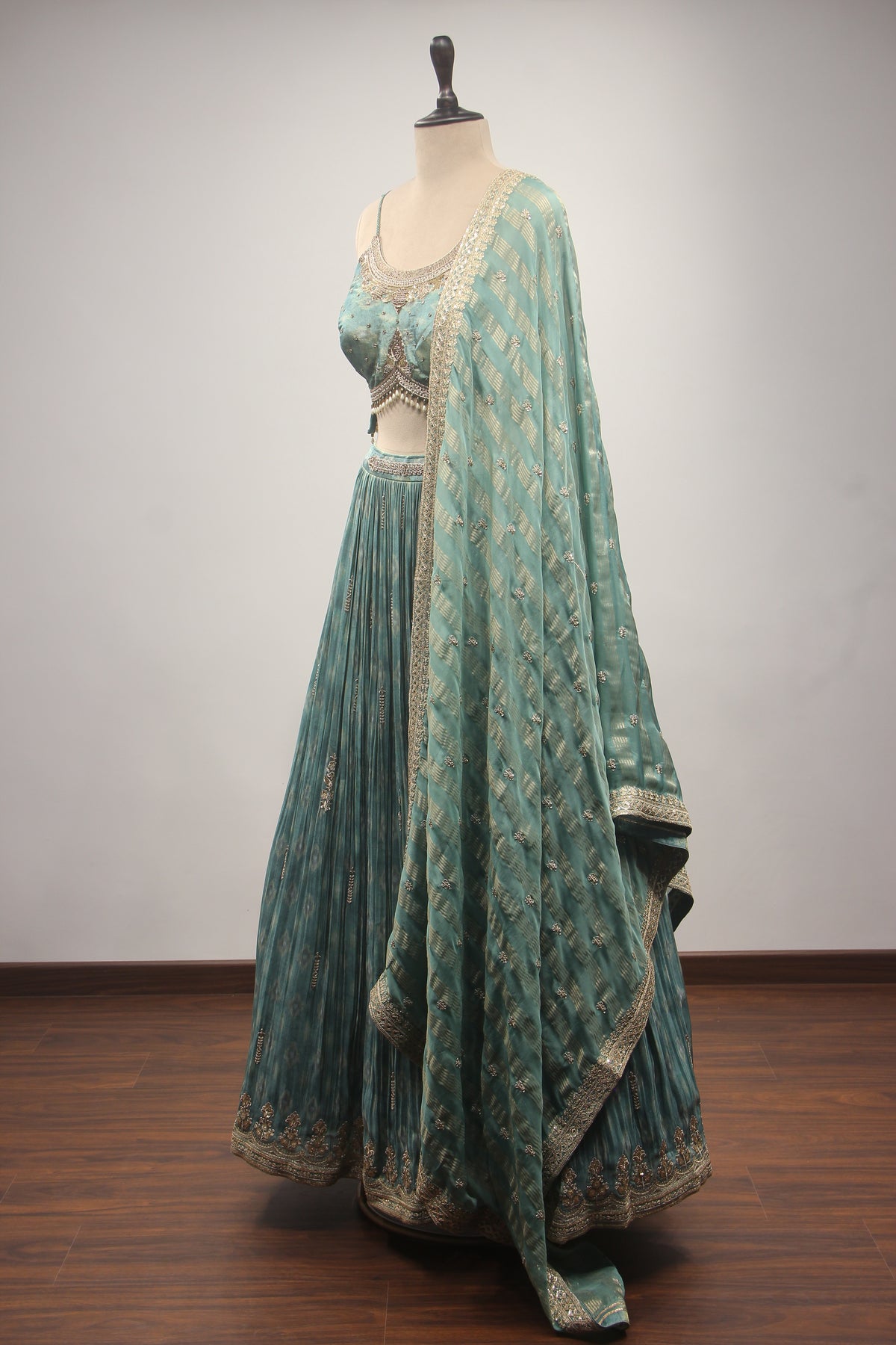 Sea Green Tissue Lehenga with Zardozi, Zari & Sequin Embroidery