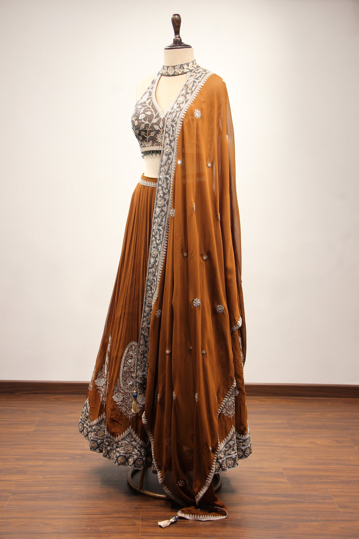 Brown Georgette Halter Neck Lehenga with Hand Embroidery & Resham – side view