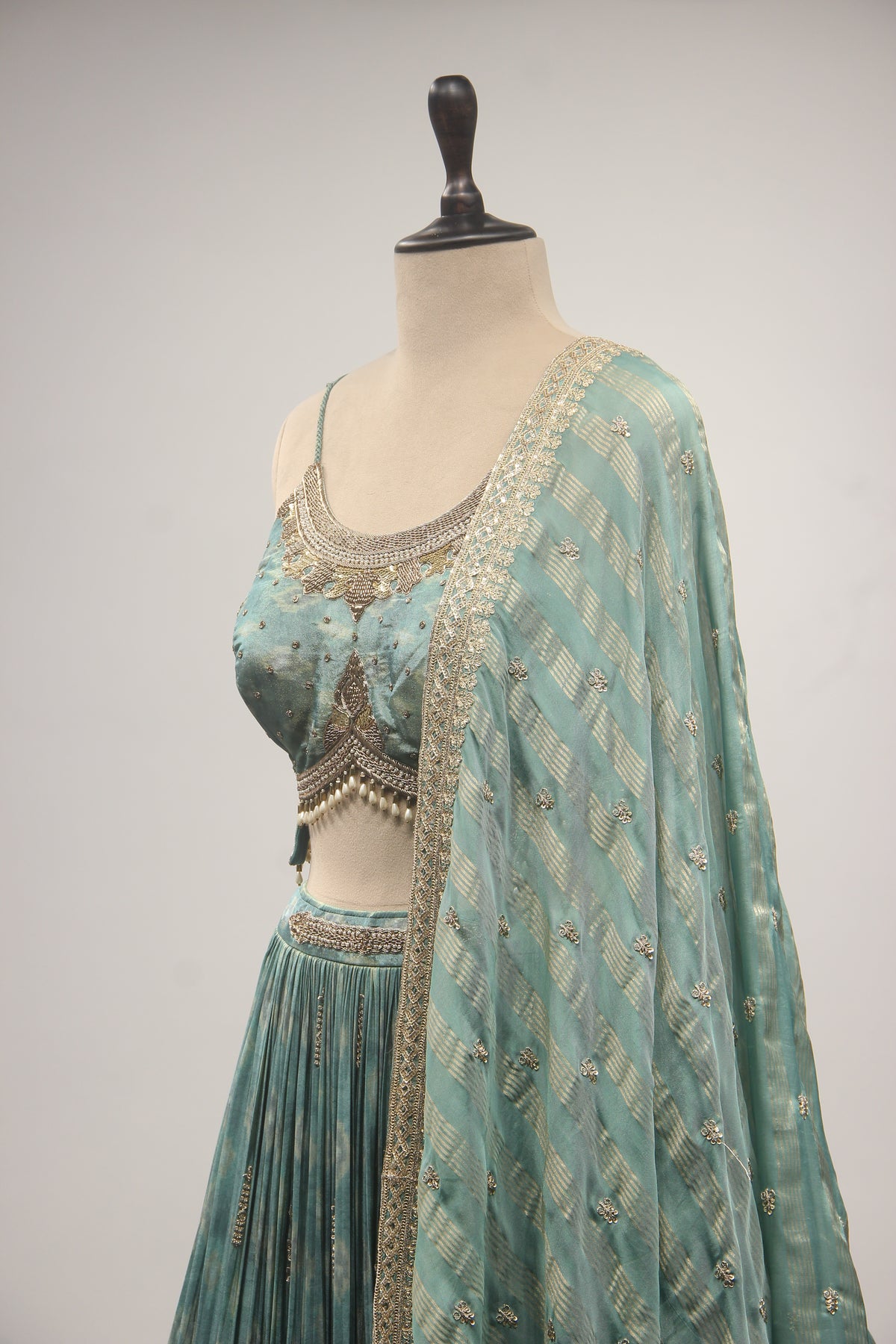 Sea Green Tissue Lehenga with Zardozi, Zari & Sequin Embroidery