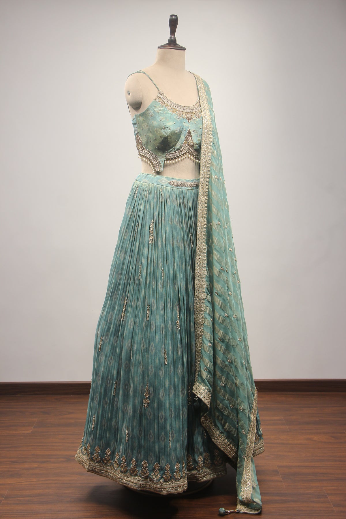 Sea Green Tissue Lehenga with Zardozi, Zari & Sequin Embroidery