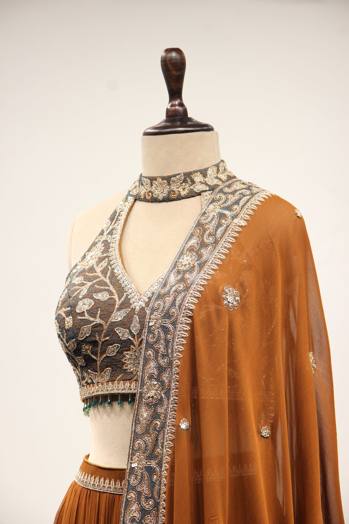 Brown Georgette Halter Neck Lehenga with Hand Embroidery & Resham – side close-up