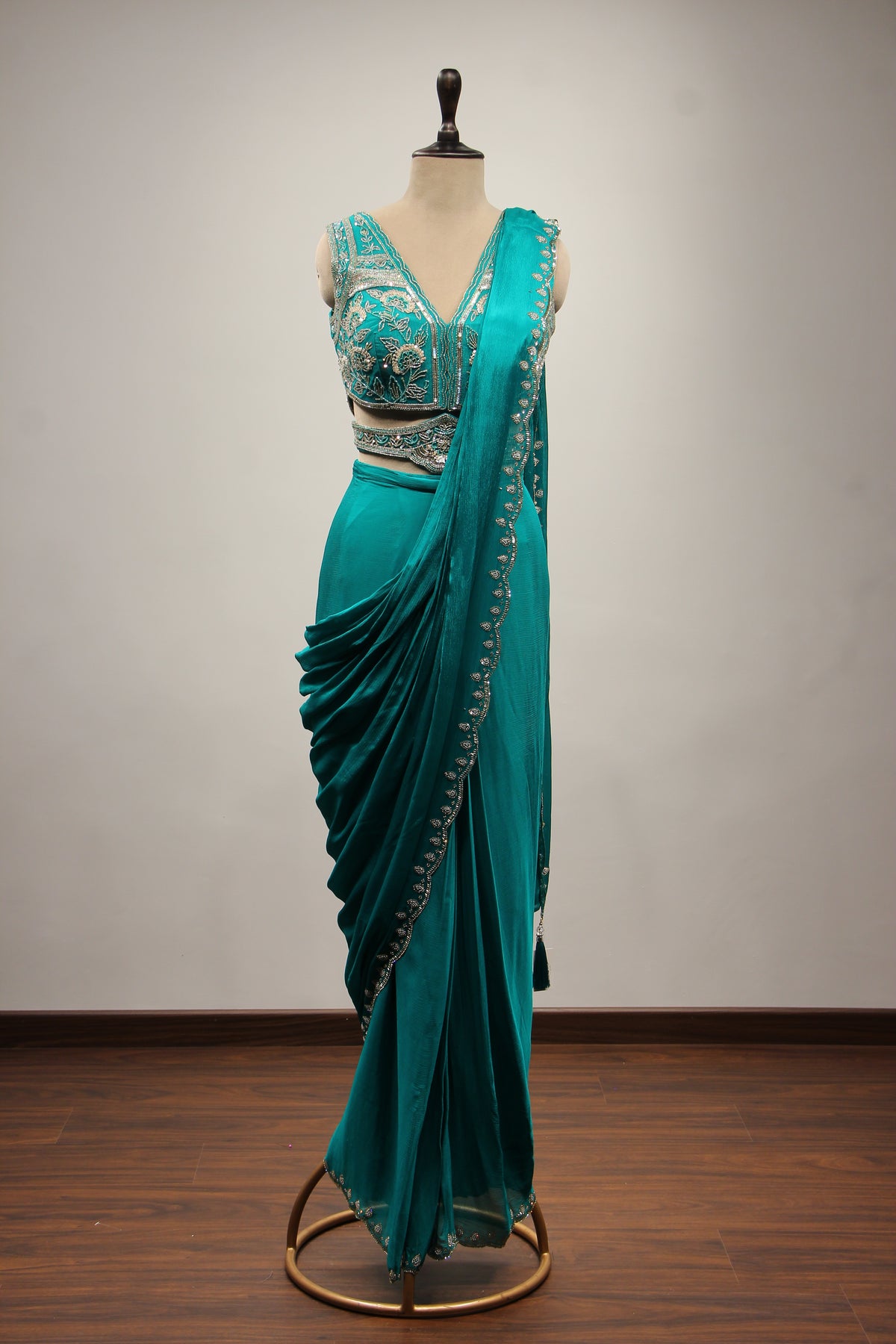 Rama Green Crepe Drape Saree with Cut Dana & Sequin Handwork and Belt – front view