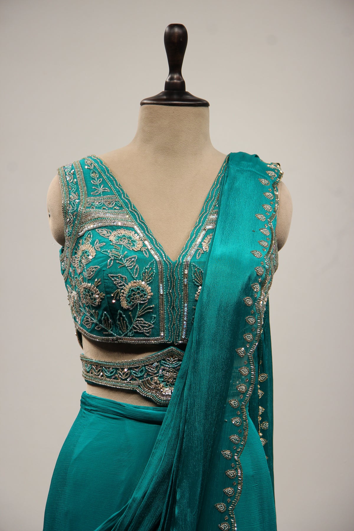 Rama Green Crepe Drape Saree with Cut Dana & Sequin Handwork and Belt – front close-up