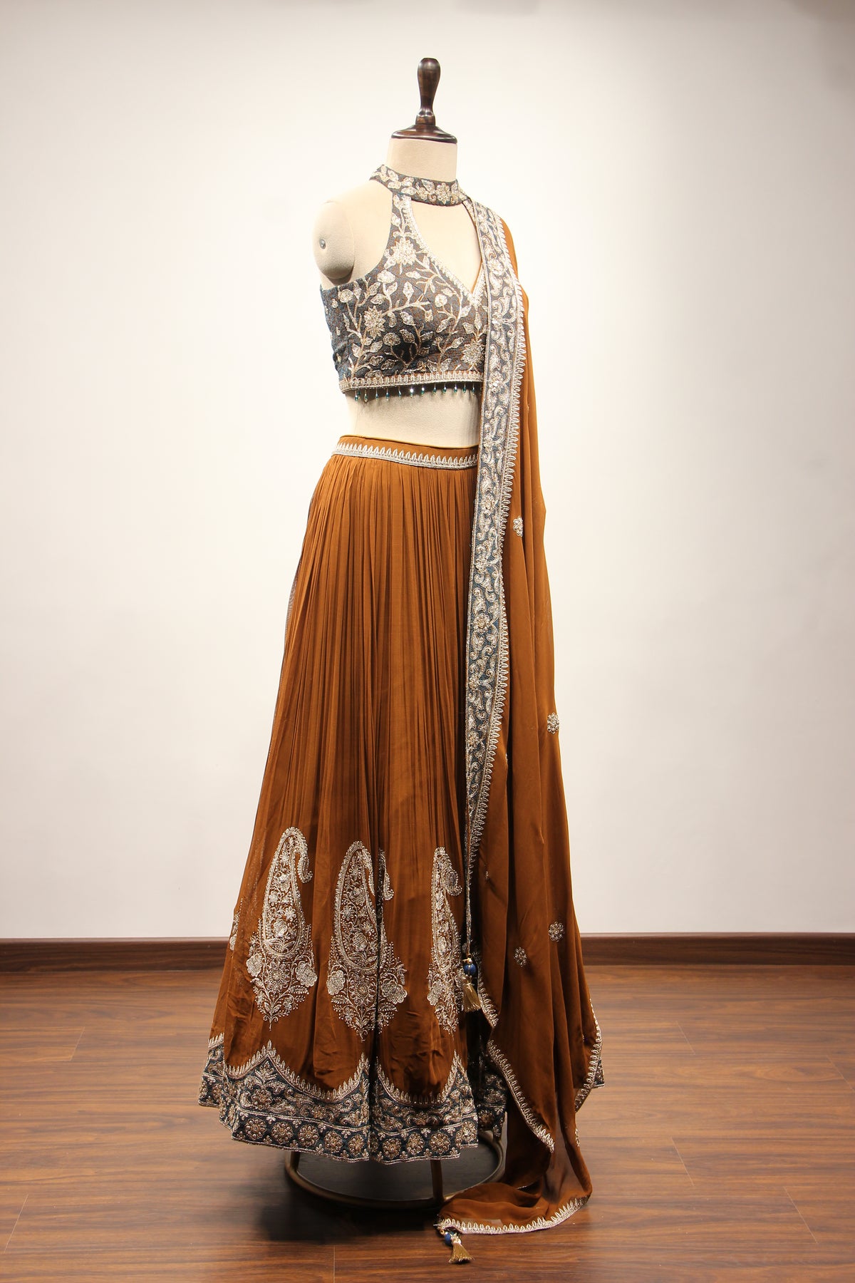 Brown Georgette Halter Neck Lehenga with Hand Embroidery & Resham – other side view