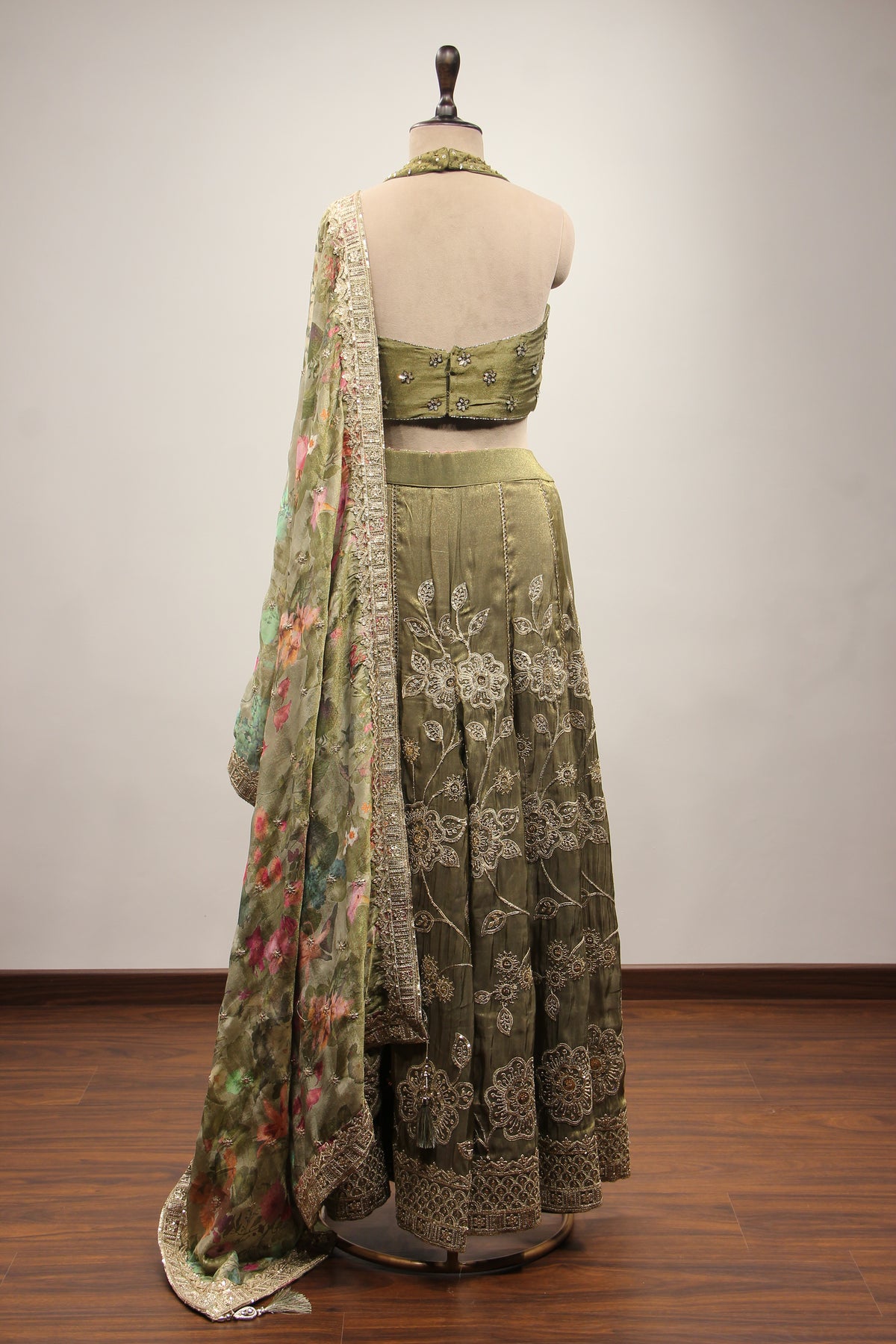 Tissue Dusty Green Indo Western Palazzo with Bead & Sequin Handwork