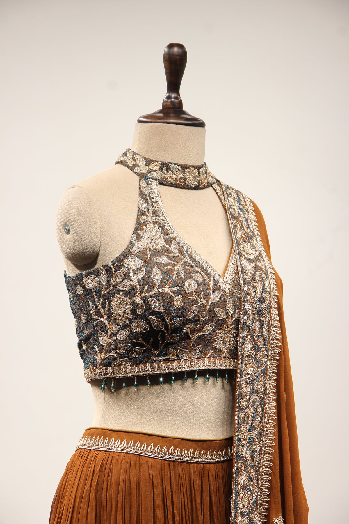 Brown Georgette Halter Neck Lehenga with Hand Embroidery & Resham – other side close-up