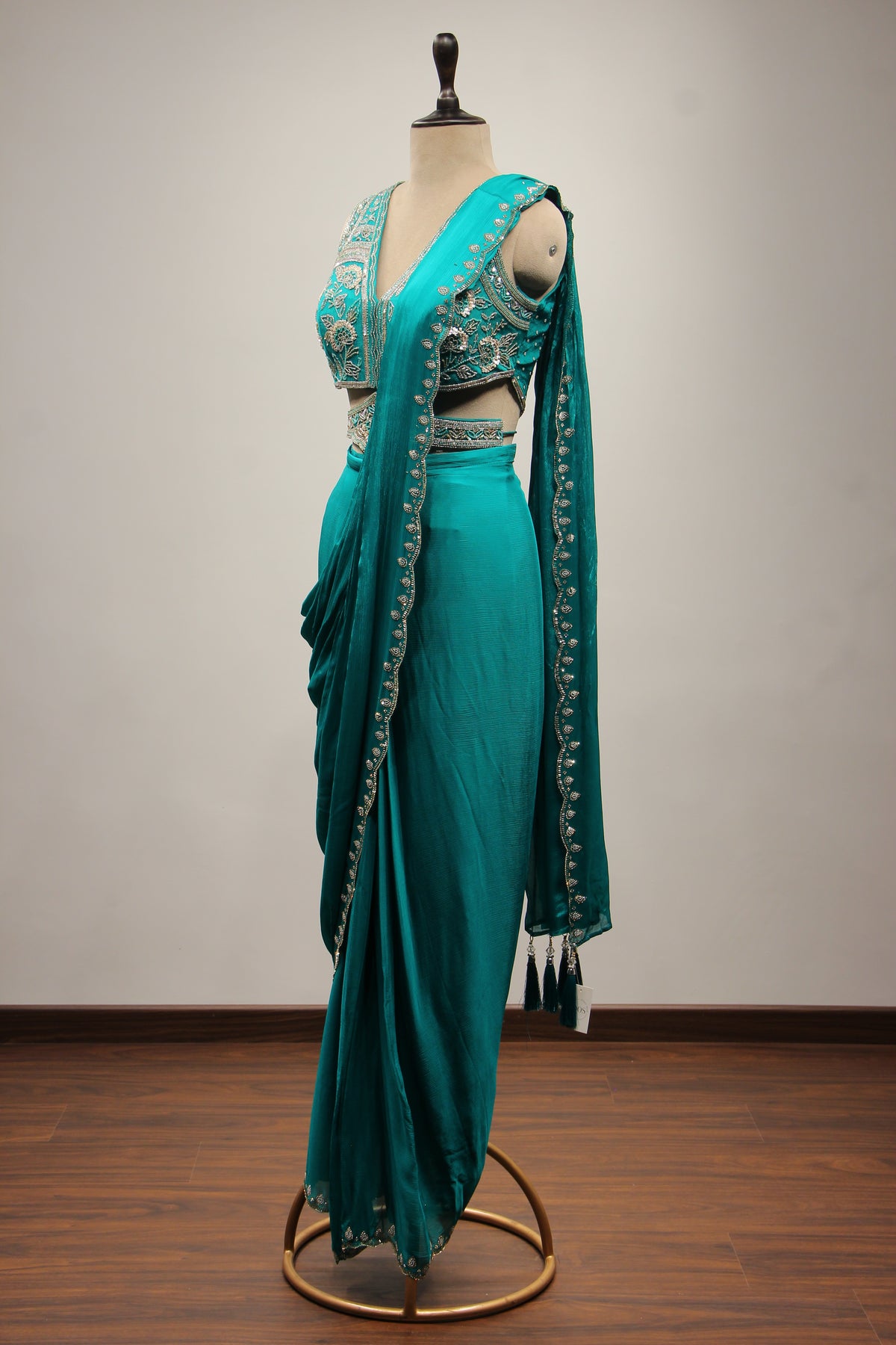 Rama Green Crepe Drape Saree with Cut Dana & Sequin Handwork and Belt – other side view
