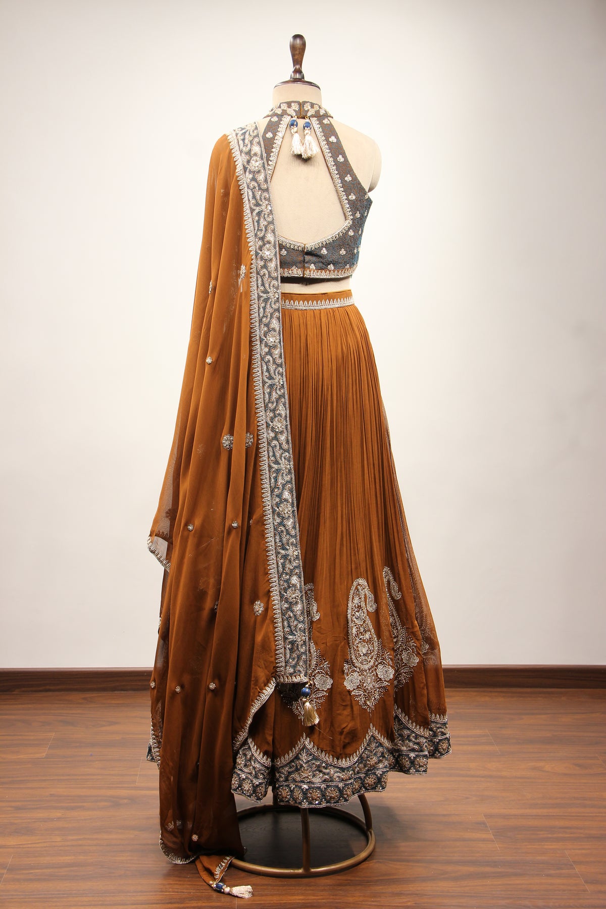 Brown Georgette Halter Neck Lehenga with Hand Embroidery & Resham – back view