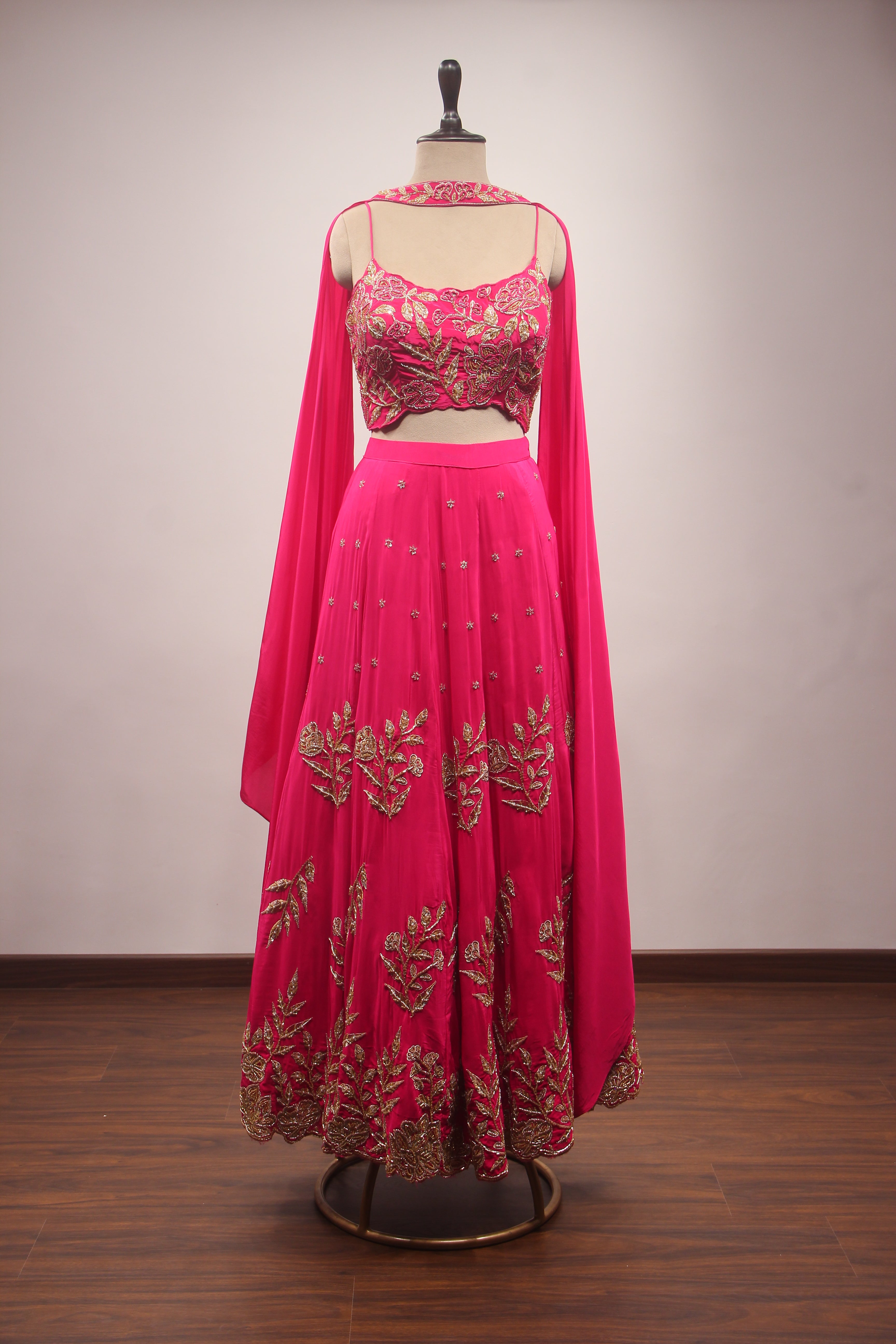 Crepe Lehenga with Zari & Zardozi Handwork Crop Top and Dupatta