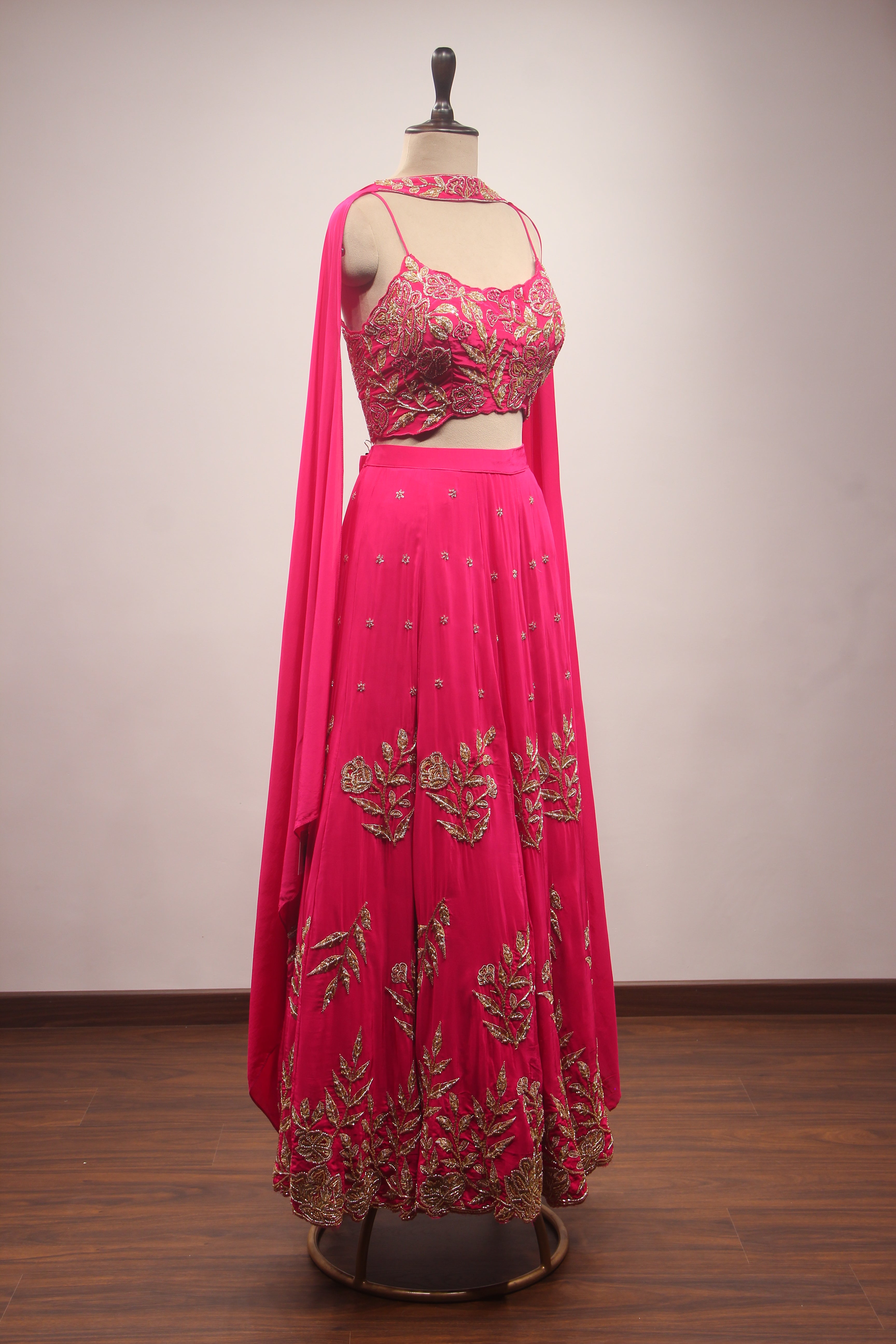 Crepe Lehenga with Zari & Zardozi Handwork Crop Top and Dupatta