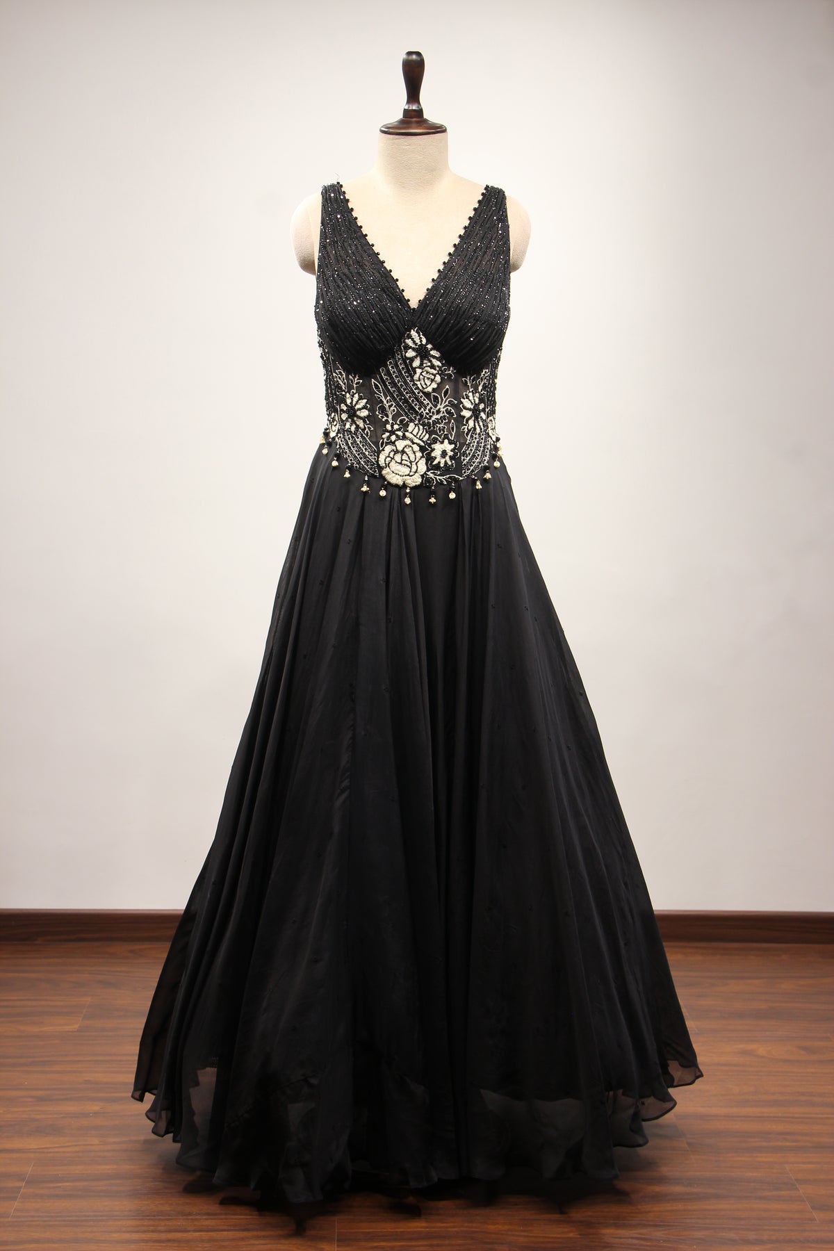 Organza Floor Length Gown with Hand Embroidery & Resham Handwork in Black – front view