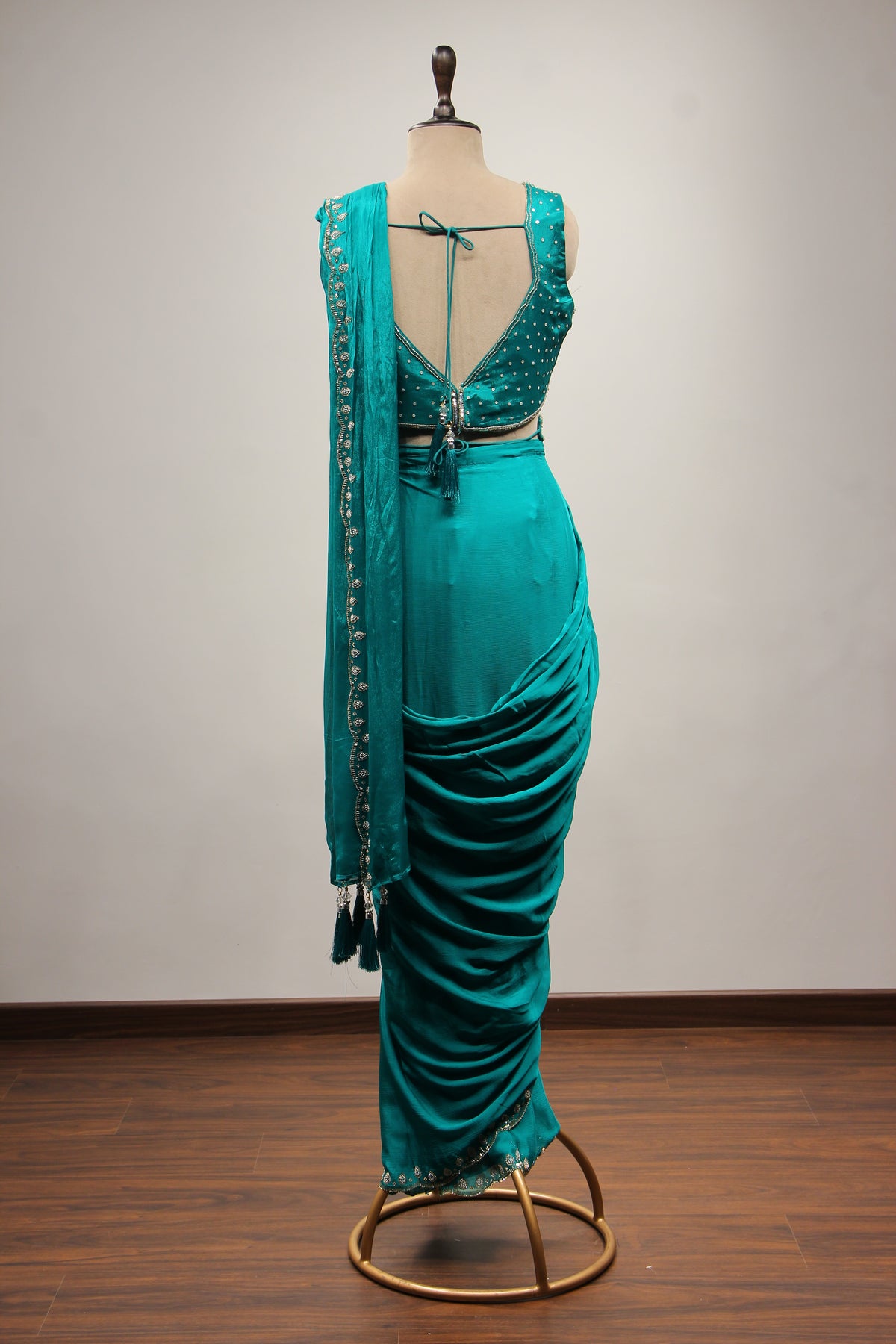 Rama Green Crepe Drape Saree with Cut Dana & Sequin Handwork and Belt – back view