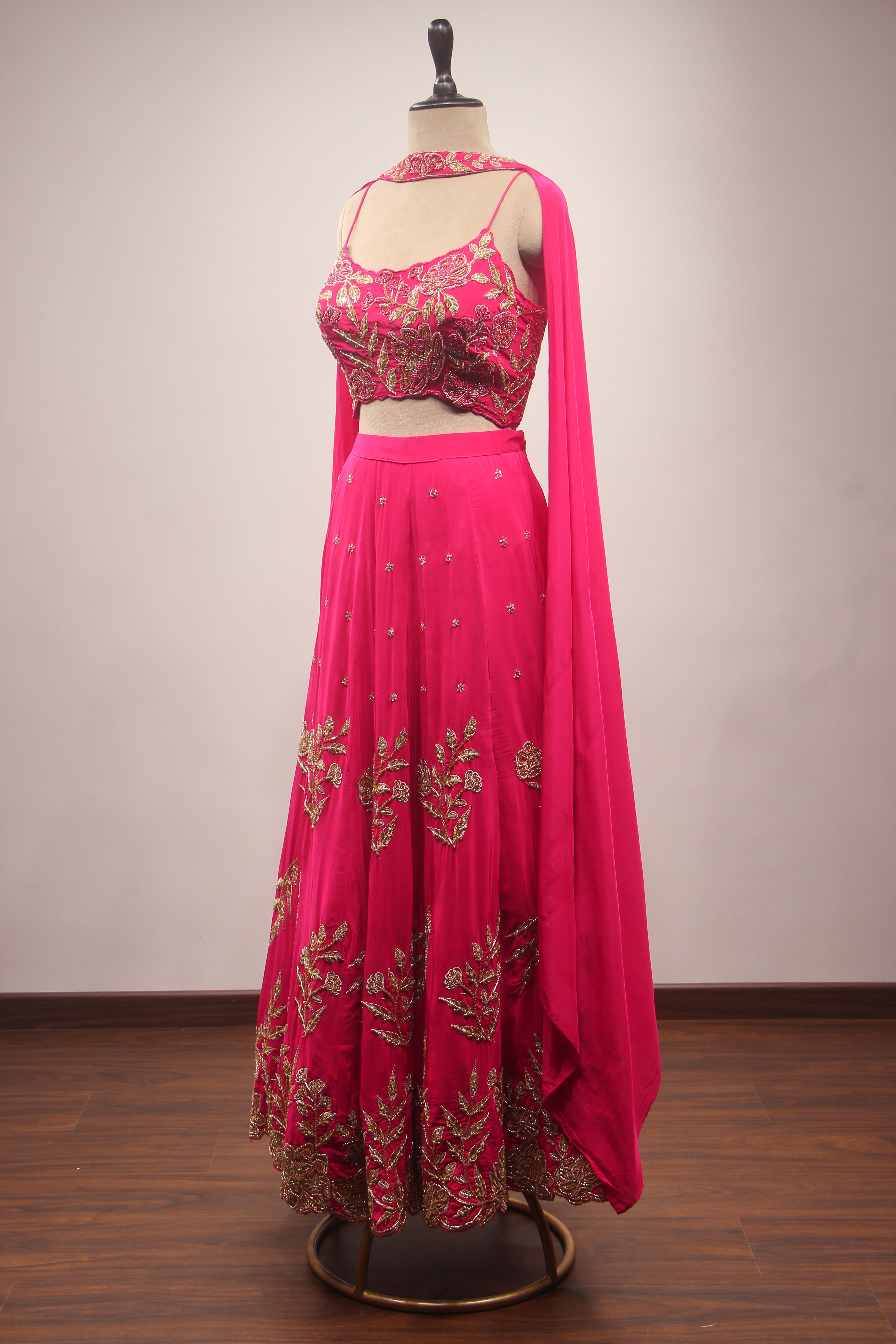 Crepe Lehenga with Zari & Zardozi Handwork Crop Top and Dupatta