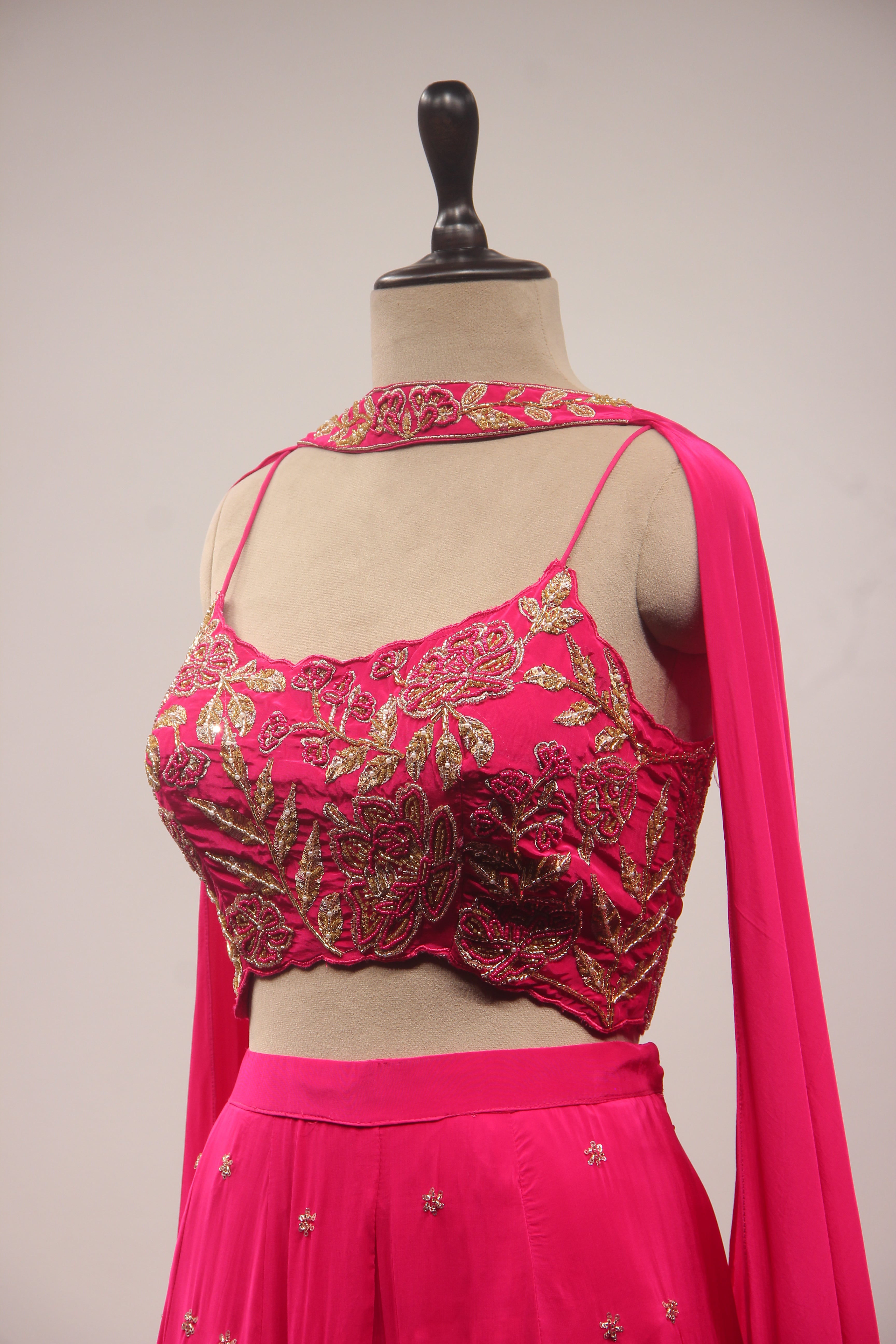 Crepe Lehenga with Zari & Zardozi Handwork Crop Top and Dupatta